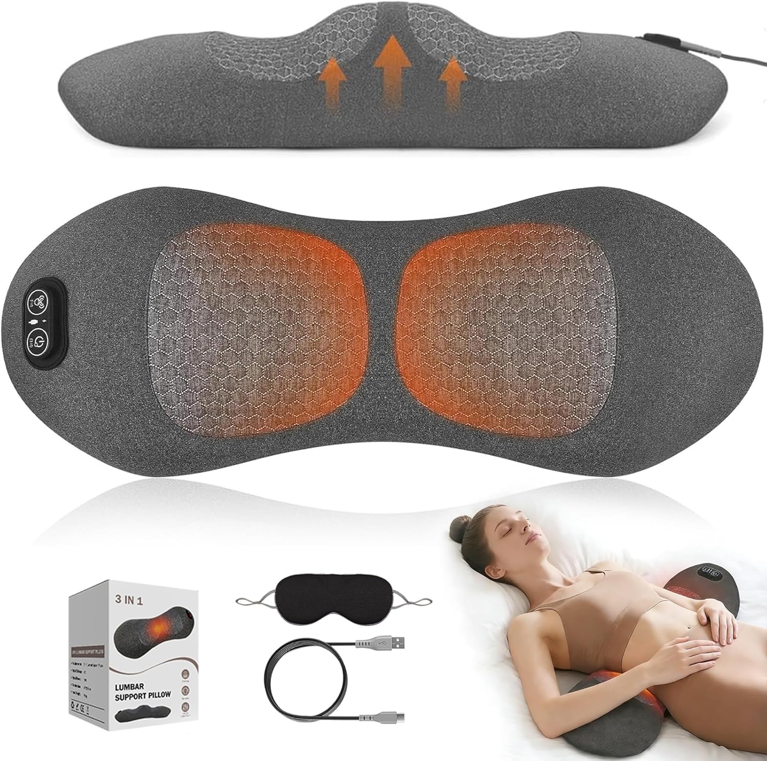 Smooth Triple Fusion Back Massager,Electric Lumbar Support Pillow with Heat &Vibration,Air Lift Technology, Ergonomic Memory Foam Spine Back Massager for Lower Back Tension Relief