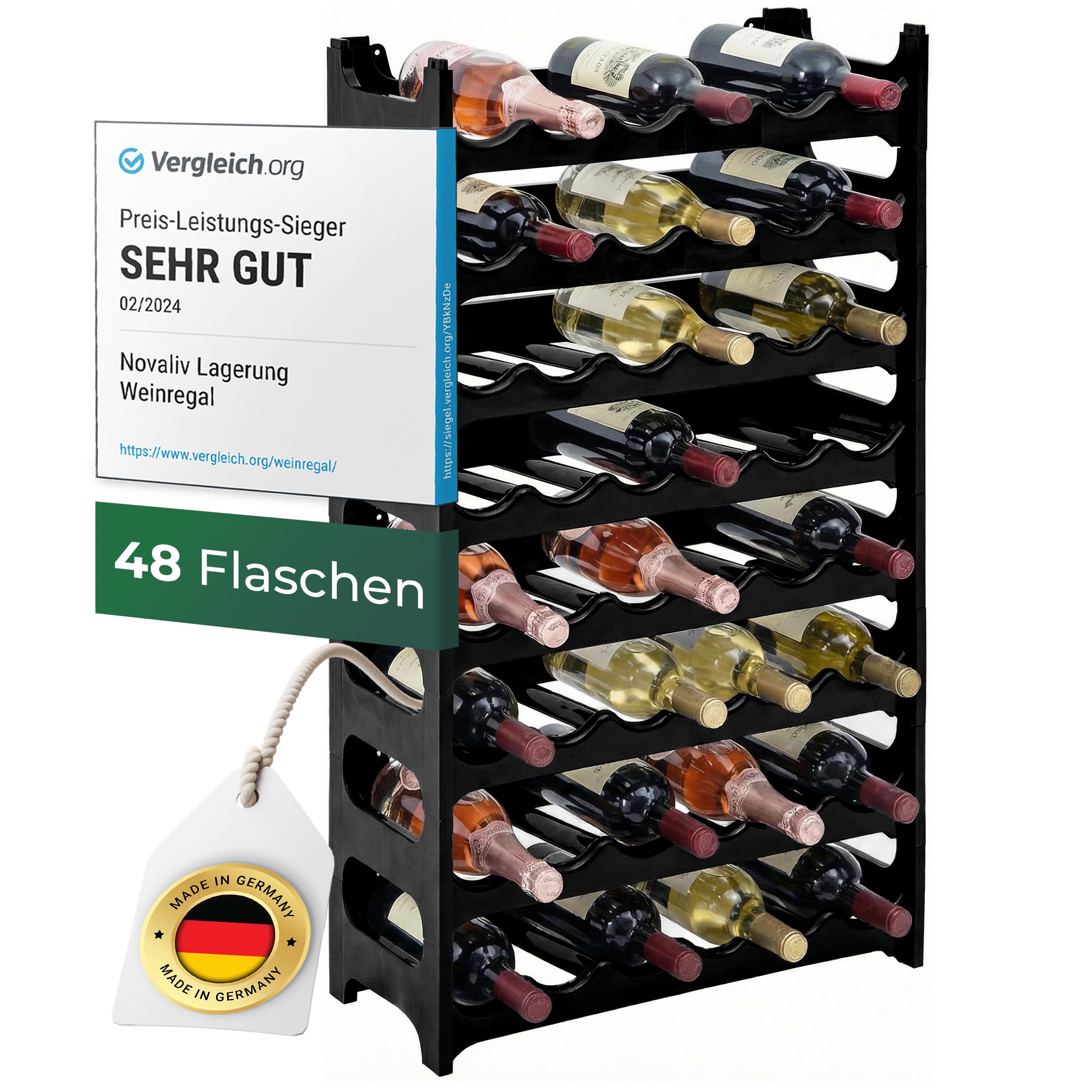 Novaliv Botellero para 48 botellas de plástico, expandible, apilable, negro, estante para bebidas, estante para bebidas, armario para botellas, estantería para bebidas
