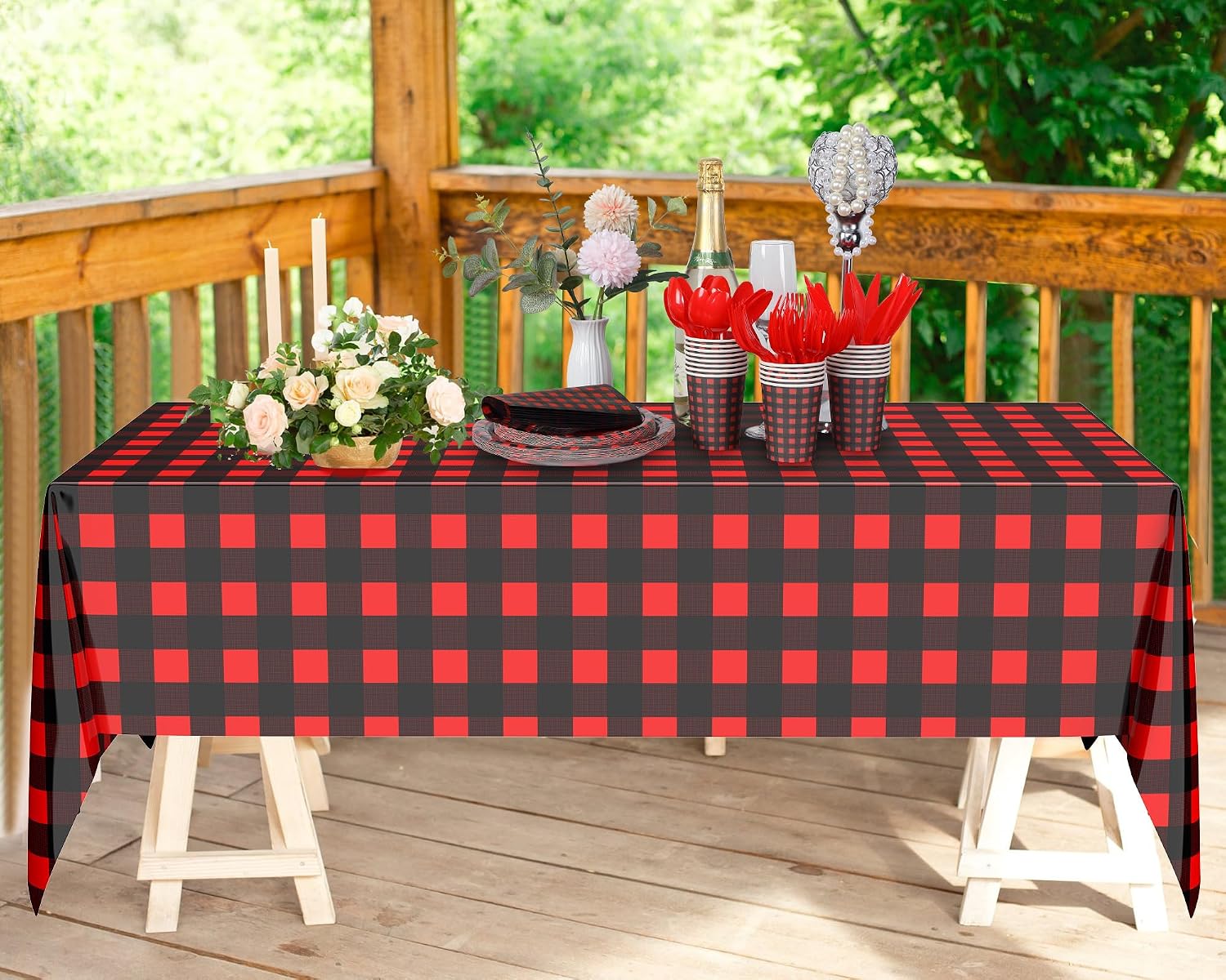 Oudain 162 Pcs Gingham Party Supplies for 20 Guest 2 Checkered Plaid Tablecloth Gingham Tableware Plate Cup Napkin Knives Fork Spoon for Birthday Picnic Camping(Red and Black,Novel)