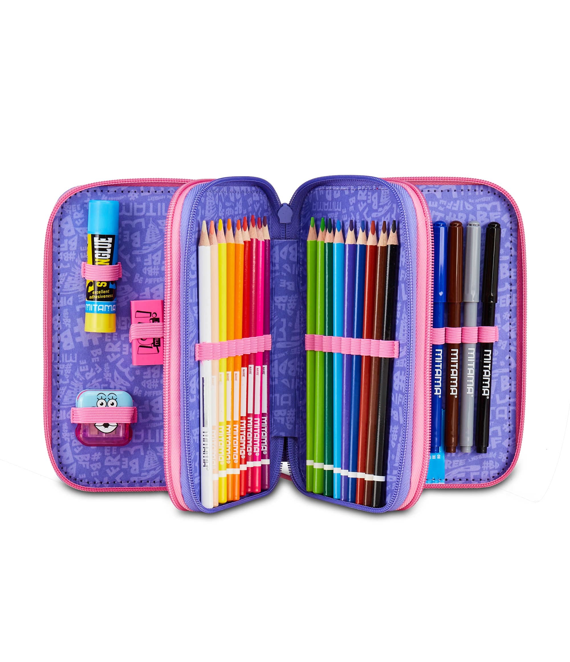 MITAMA Estuche Escolar con 3 Compartimentos, Triple Rainbow Dream, Contenido 47 Piezas, Completo de lápices, rotuladores, portalápices Escuela Primaria niña, Violeta, Moderno