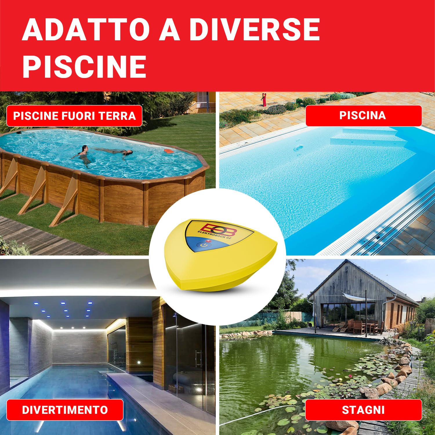 ELEKTROBOCK ELBO-073 Allarme piscina - Sensore di movimento galleggiante con sirena da 95 dB, movimenti dell'acqua - il ricevitore radio attiva un allarme forte, installazione semplice, IP67
