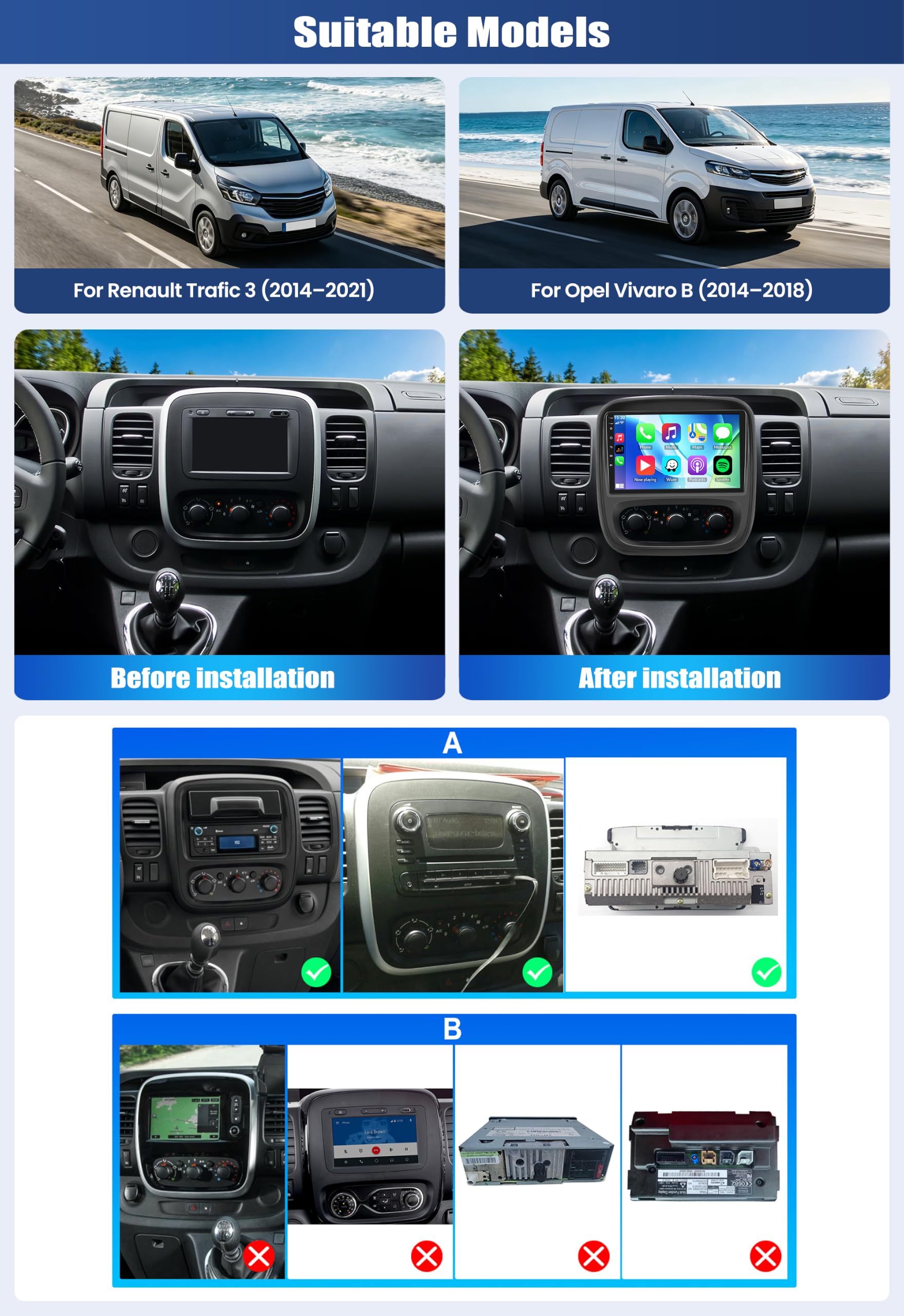 SIXWIN 4+64 Go Android 15 Autoradio pour Renault Trafic 3 (2014–2021) Opel Vivaro B (2014–2018) avec CarPlay Android Auto – Écran Tactile 9'' Voiture, WiFi Bluetooth 5.0 FM/RDS 32EQ USB avec Caméra