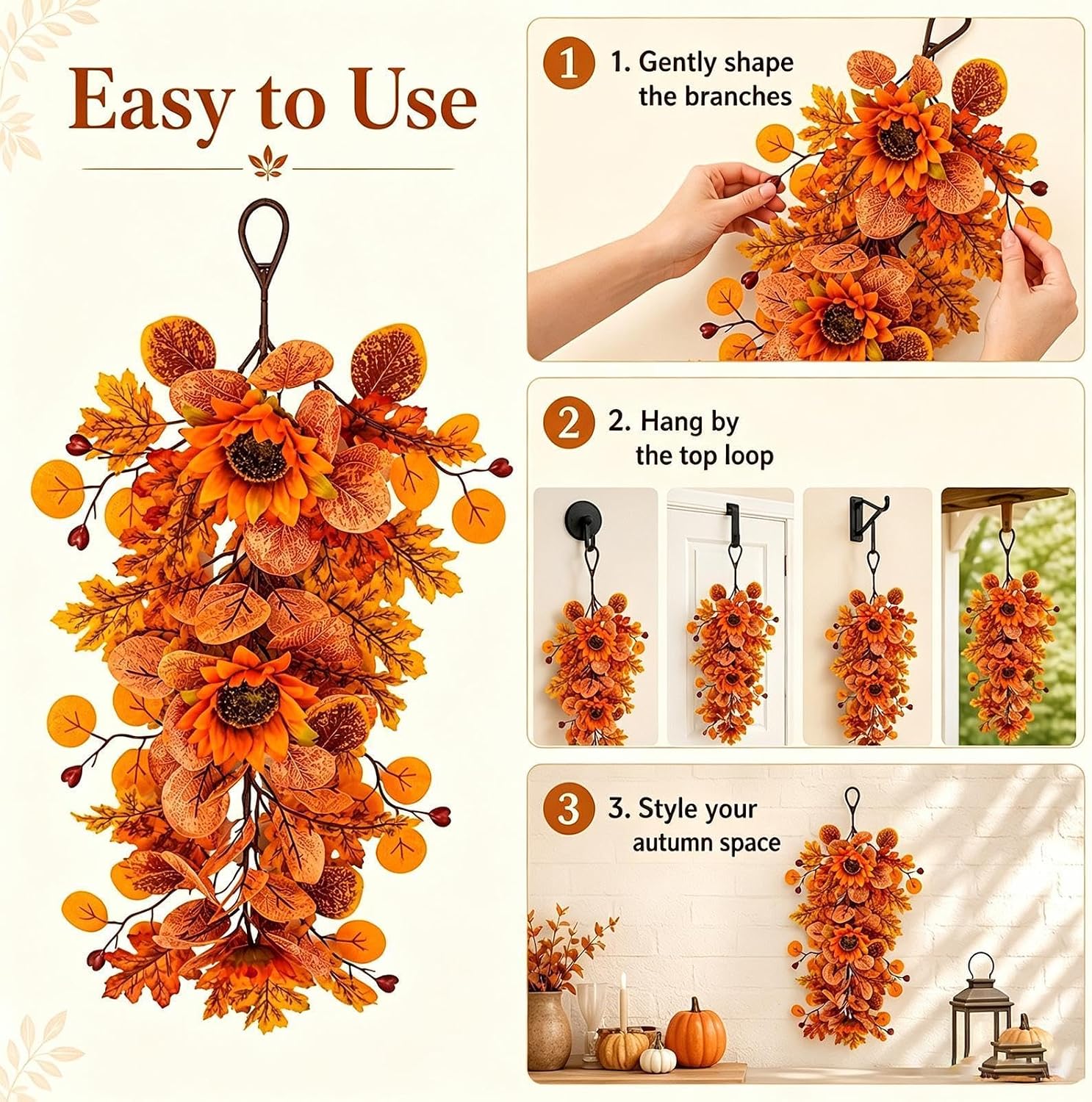 Fall Swag, Artificial Maple Leaves, Sunflower Teardrop Wreath with Harvest