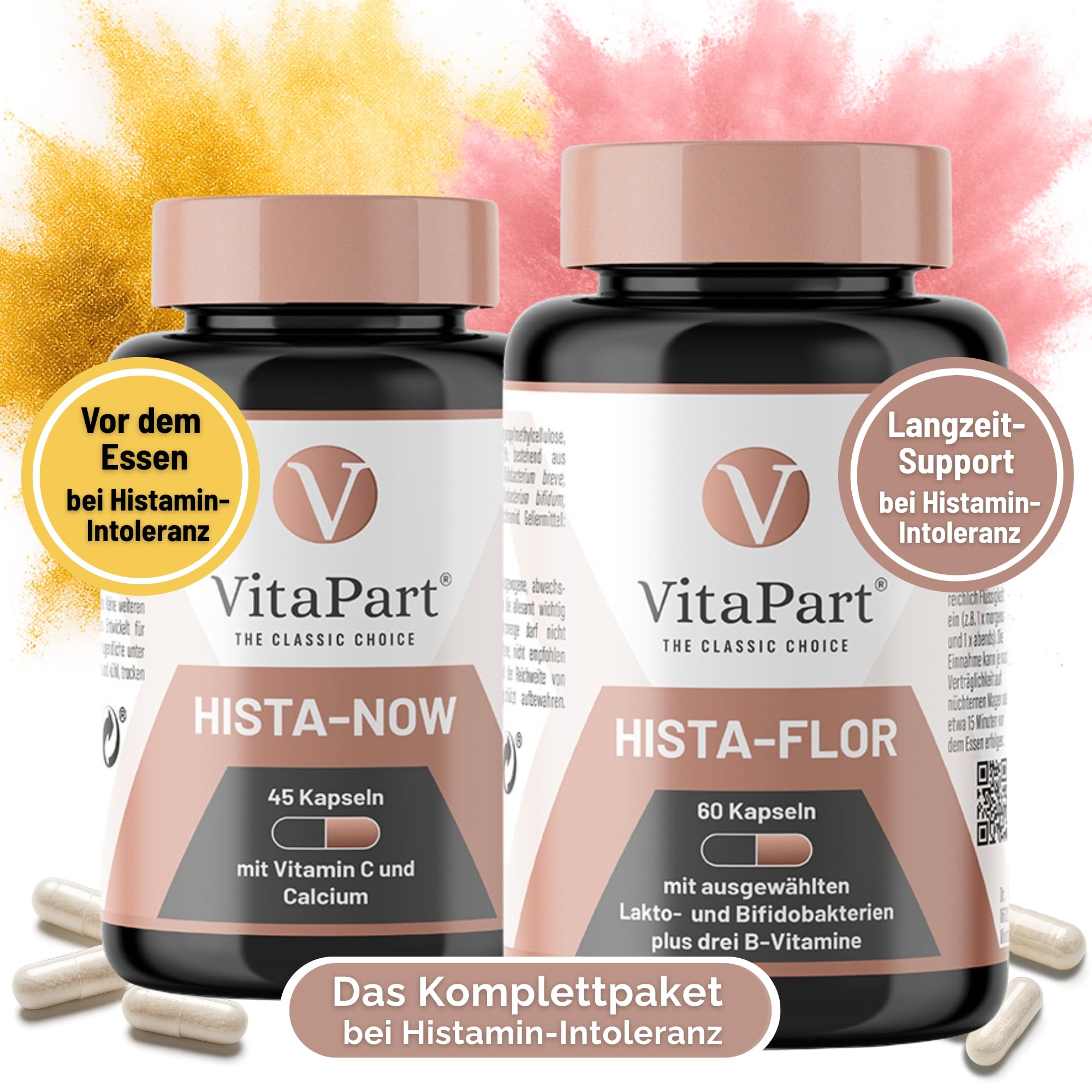 Hista-Now + Hista-Flor Kapseln 2er-Vorteilspack - bei Histaminintoleranz und histaminarmer Ernährung, laborgeprüft histaminfrei, vegan, 2 Dosen mit 105 Kapseln, ideale Kombination für HIT