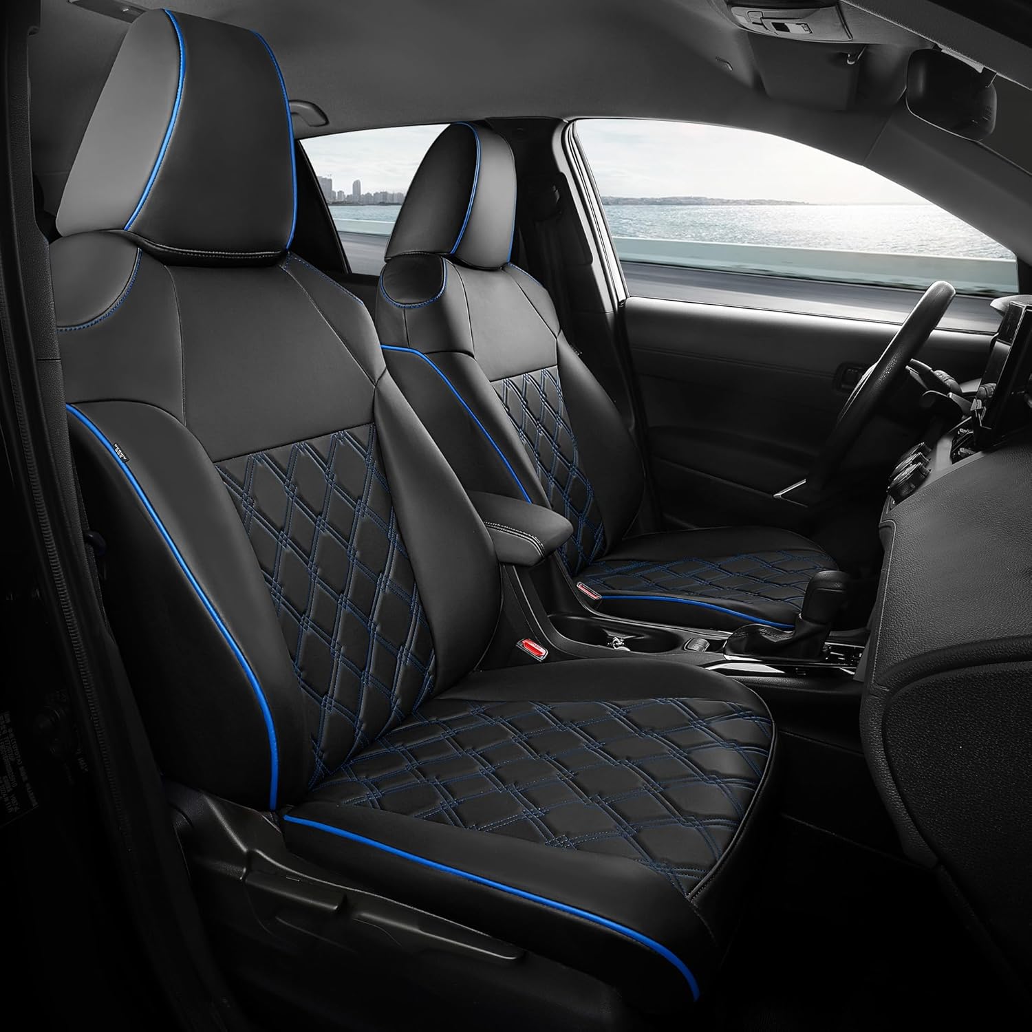 FREESOO for Toyota Corolla Seat Covers L LE XLE, LE Eco Sedan 2014 2015 2016 2017 2018 2019, Luxury Leather Seat Covers for Cars, Custom Fit Car Seat Covers, Waterproof Seat Cover, Black Blue Full Set Full Set & Black With Blue Trim 2014-2019 L / LE / XLE / LE Eco