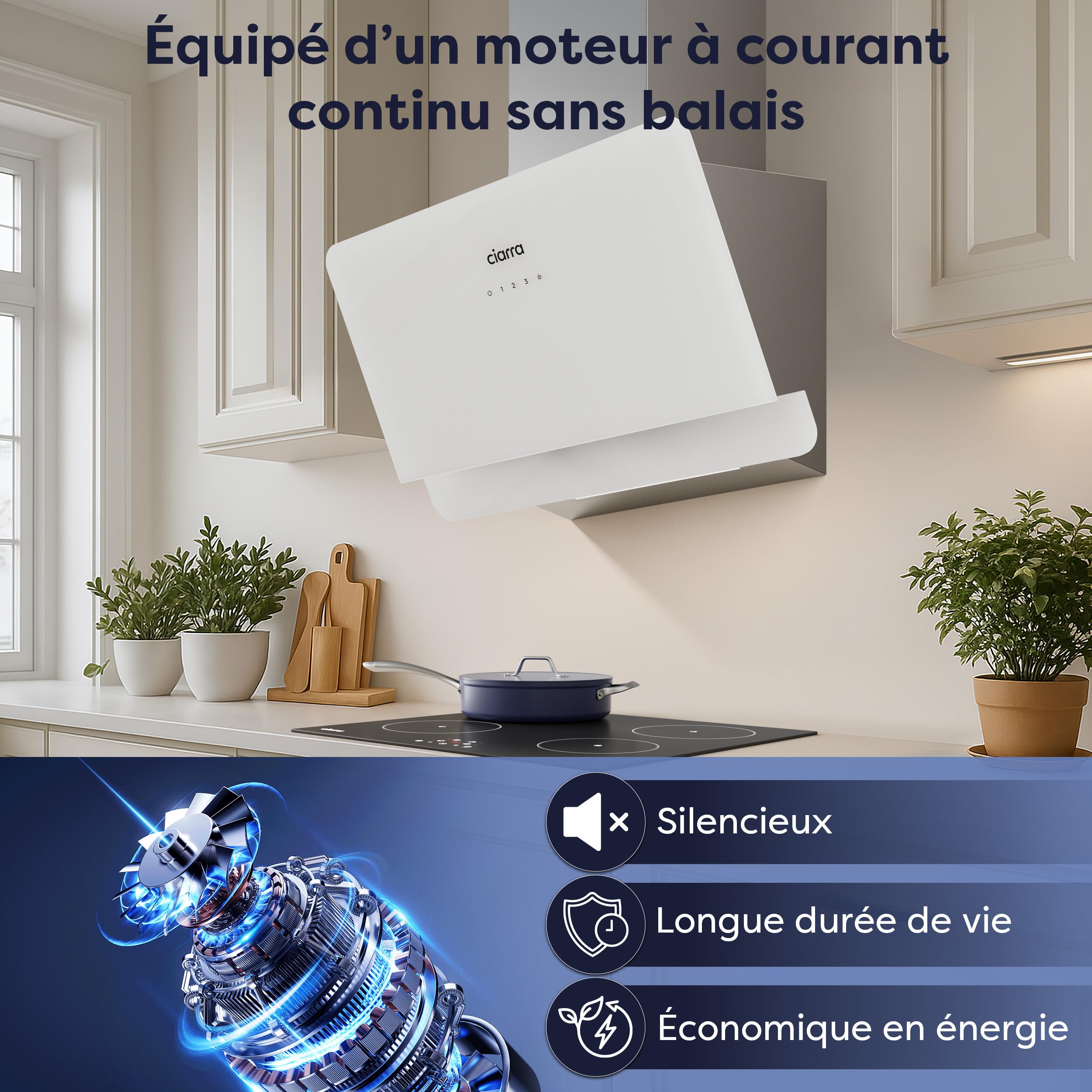 CIARRA CBCS6765C Hotte Inclinée Murale 60cm Classe A+ 580m³/h avec Filtre à Charbon CBCF055, 3 Vitesses, Écran Tactile, Évacuation & Recyclage, Verre et Inox -Blanche