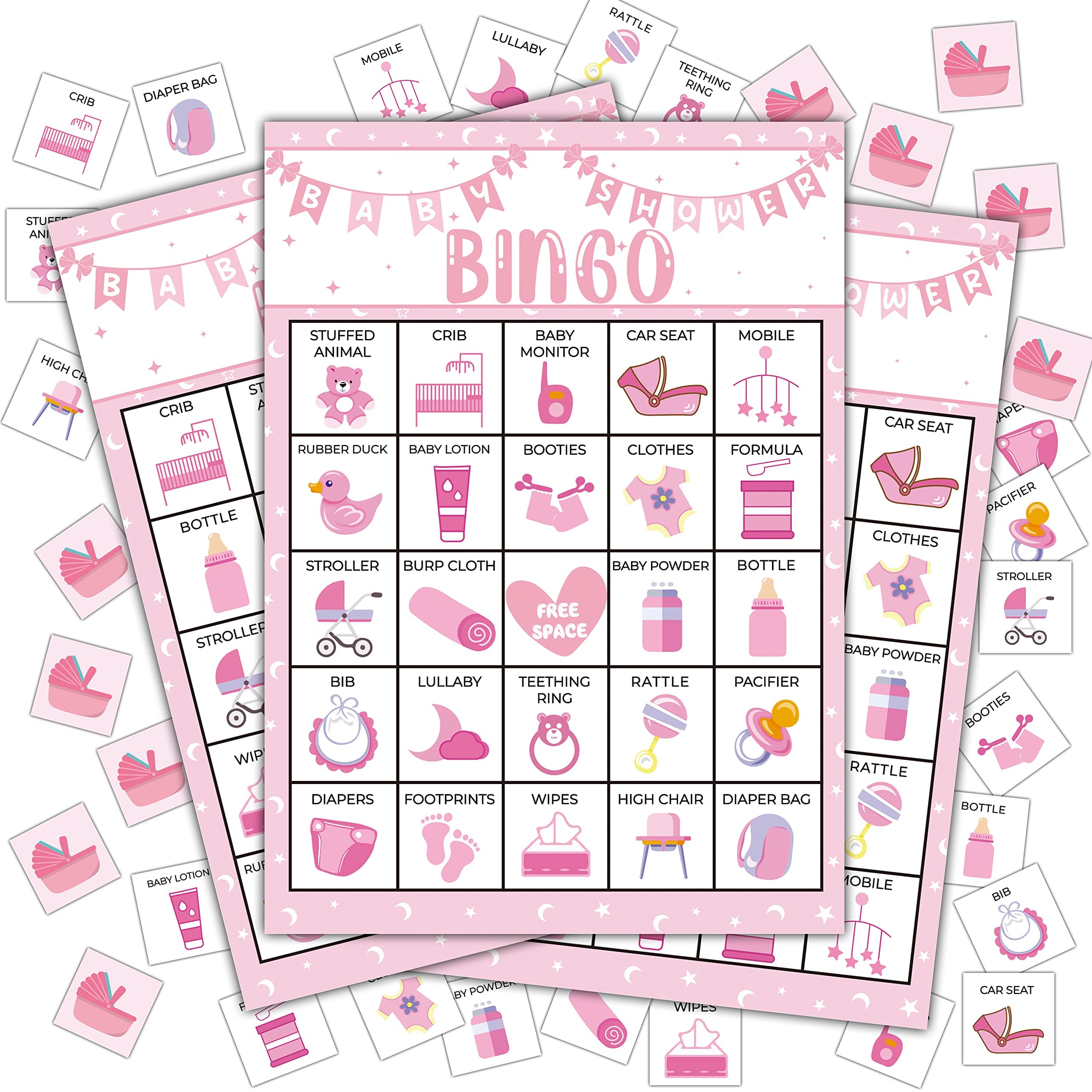 Tazuxetuqe Pink Baby Shower Party Bingo Cards, Shower Bingo Game, Shower Party Games for Adults, Gender Reveal Party Games Favors Supplies Decorations, 24 Players Bingo Game (A03)