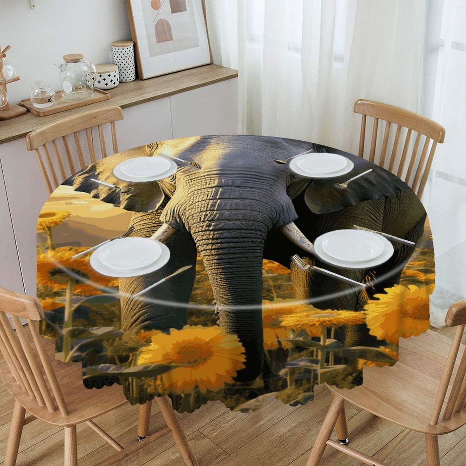 FekiLoot 60 Inch Round Elephant with Sunflower Tablecloth Waterproof Heavy Duty Polyester Table Cloth Spill-Proof Wipeable Table Cover Decorative Circle Dining Tablecover for Party Outdoor