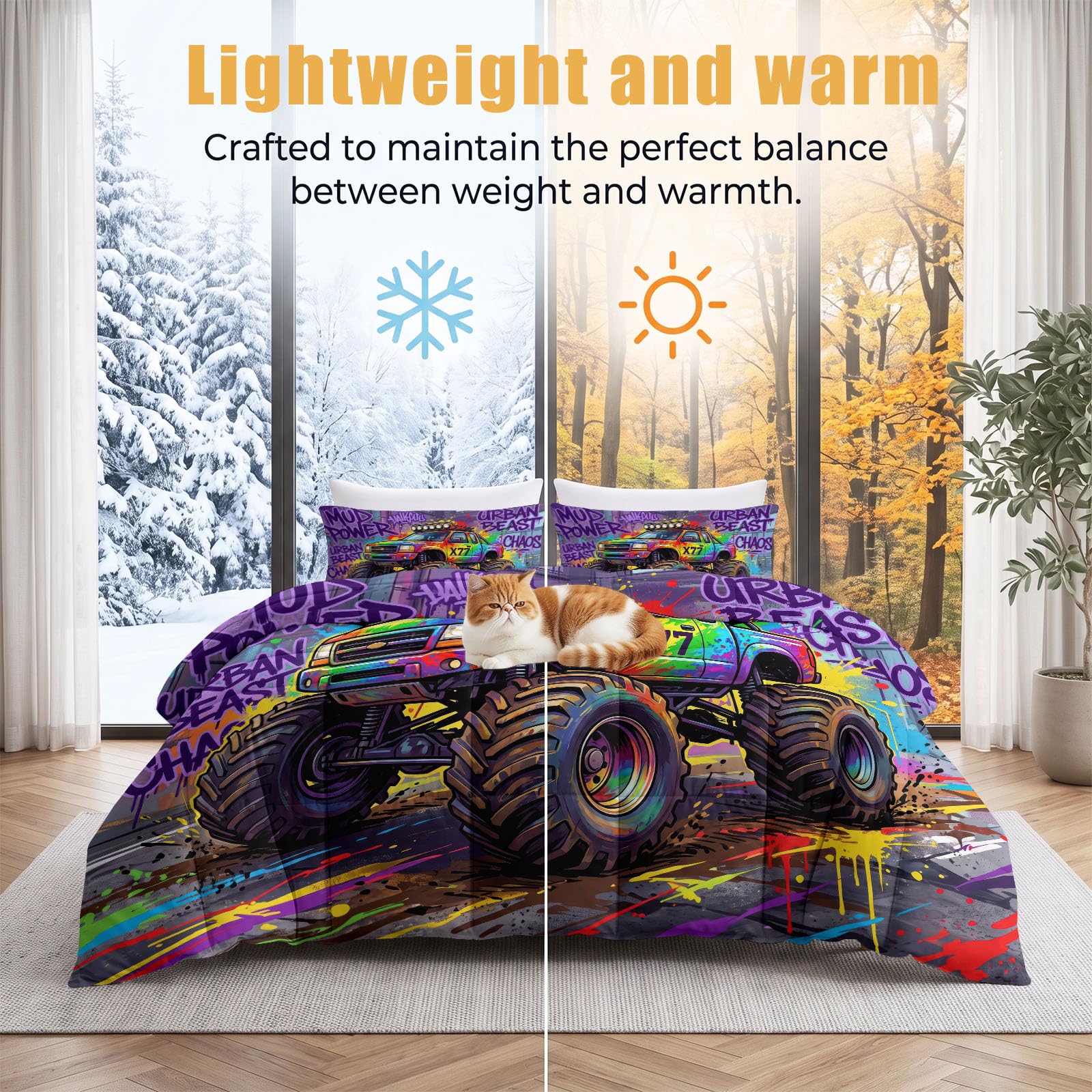 Trapunta senza rivestimento, 135 x 200 cm, coperta invernale calda, 400 g/m², 4 stagioni, 3 pezzi, trapunta fuoristrada con monstertruck per quattro stagioni