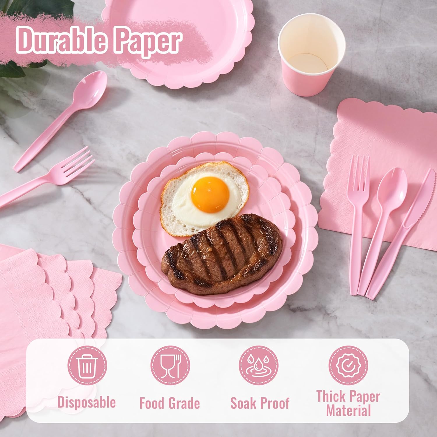 Fijinhom Pink Paper Plates Set, 350 PCS Party Supplies, Disposable Dinnerware Set for 50 Guests, Pink Paper Plates Napkins Cups Plastic Forks Knives Spoons for Wedding Festivals
