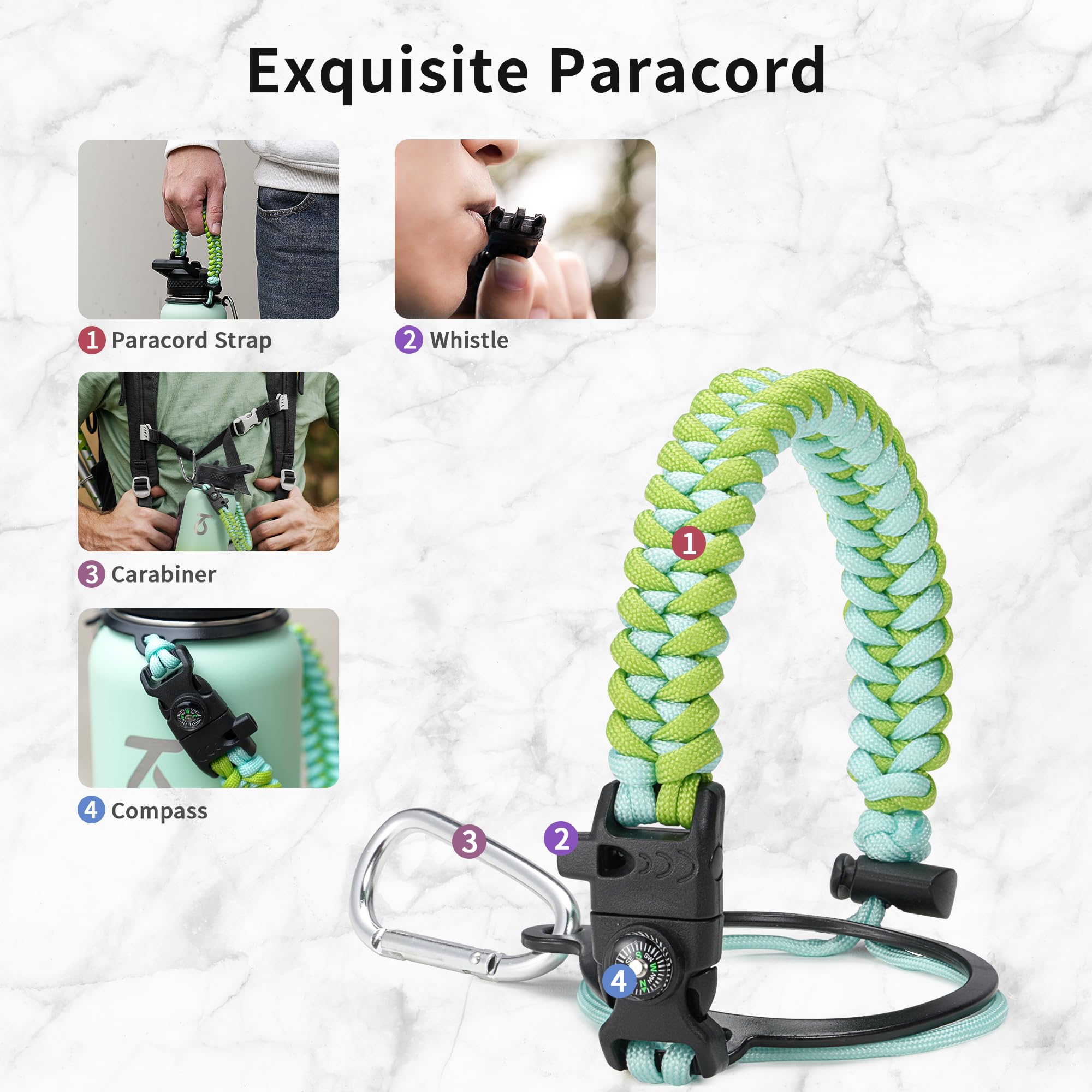 Trebo Isolierte Edelstahl-Wasserflasche Mit 3 Deckeln – Hält 48h Kalt, 24h Warm, Inkl. Paracord-Griff & Zubehör