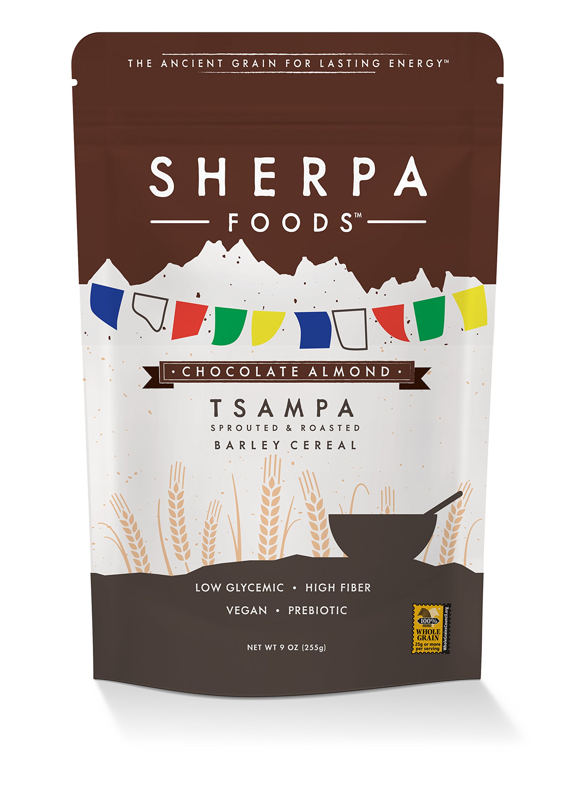 Peak Sherpa Tsampa Cereal, Chocolate Almond Flavor, One 9 Ounce Pouch, Ready to Eat, Certified Organic, Sprouted & Roasted Whole Grain Barley Cereal