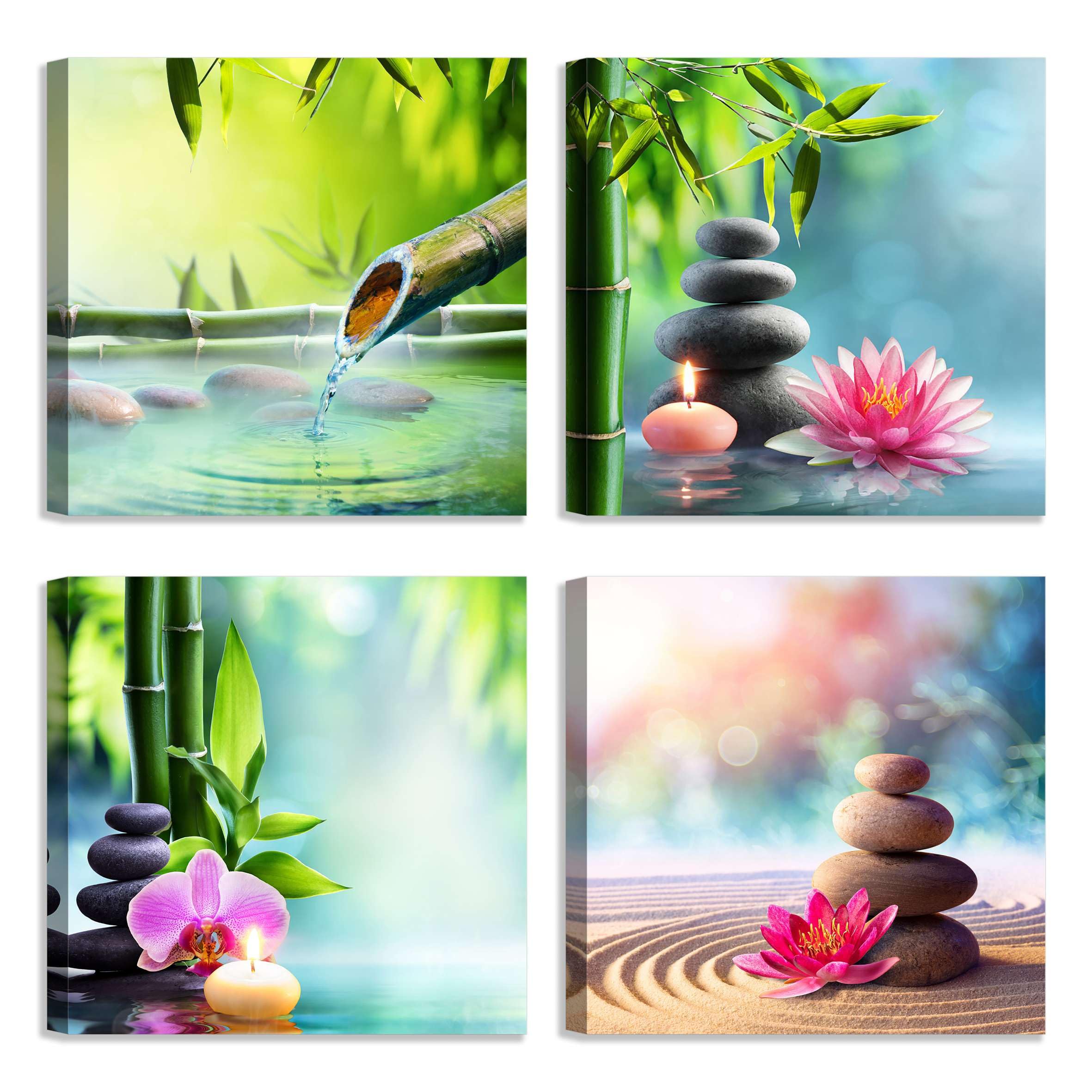 LuxHomeDecor Set di 4 quadri 30x30 cm – stampa su tela con telaio in legno – zen spa rilassante con fiori, bambù e pietre
