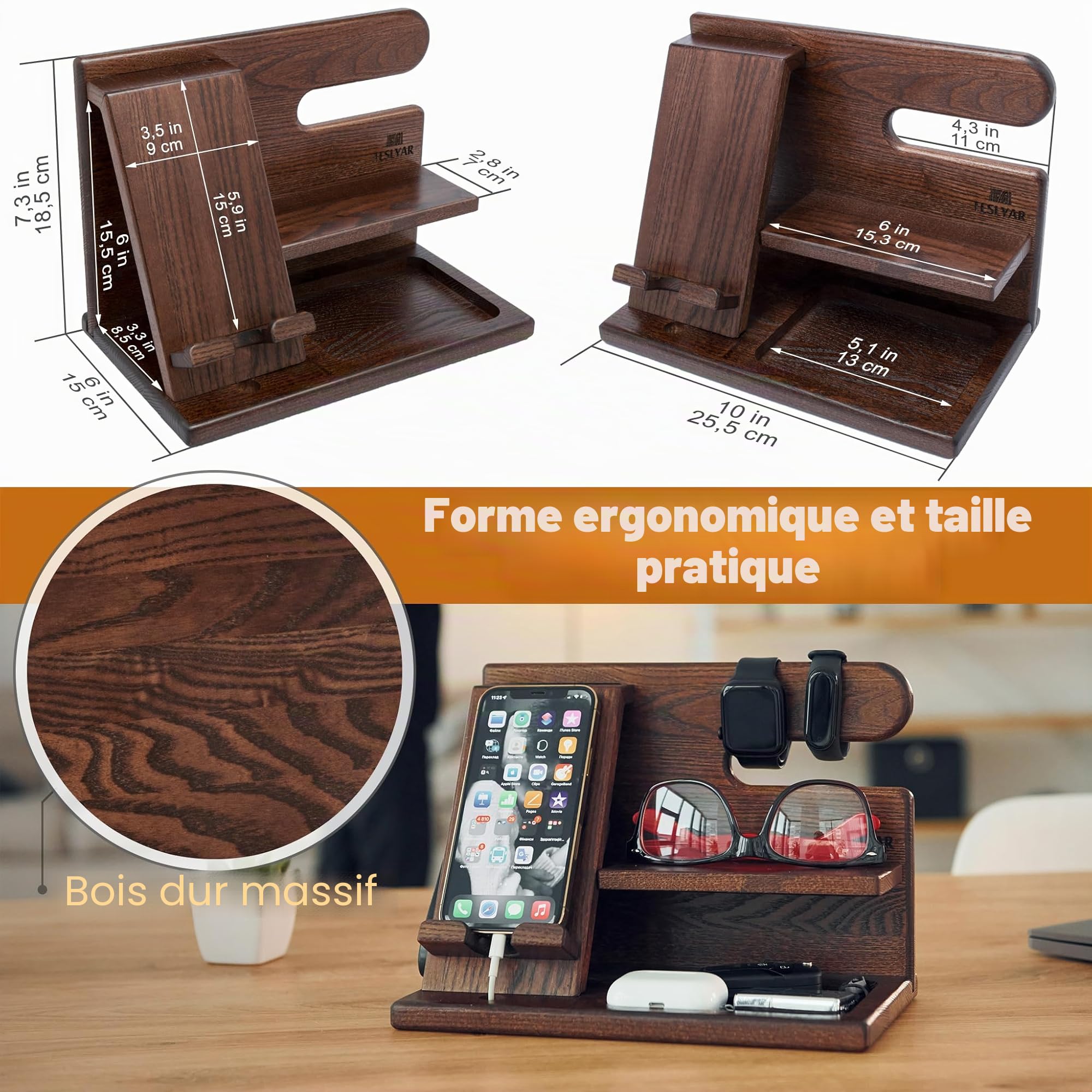 TESLYAR Station d'accueil en bois pour téléphone, montre, porte-clés, porte-monnaie, Gadget homme
