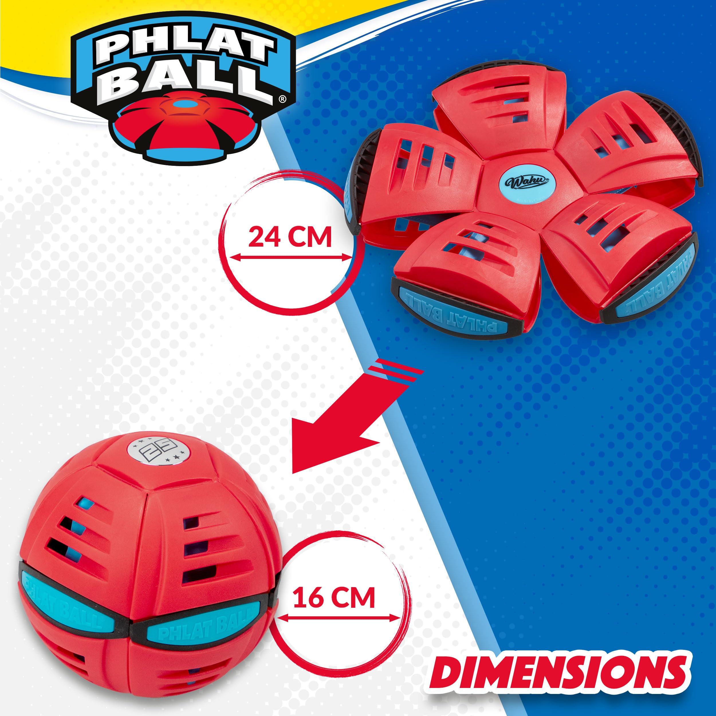 Wahu - PHLAT BALL Classic - Rouge - Frisbee Volant qui se Transforme en Ballon - Jeux Extérieur Enfants Dès 5 Ans - Balle Innovante 15,7cm - Frisbee 22,9 cm - Jeu Plage & Plein Air - 2+ Joueurs
