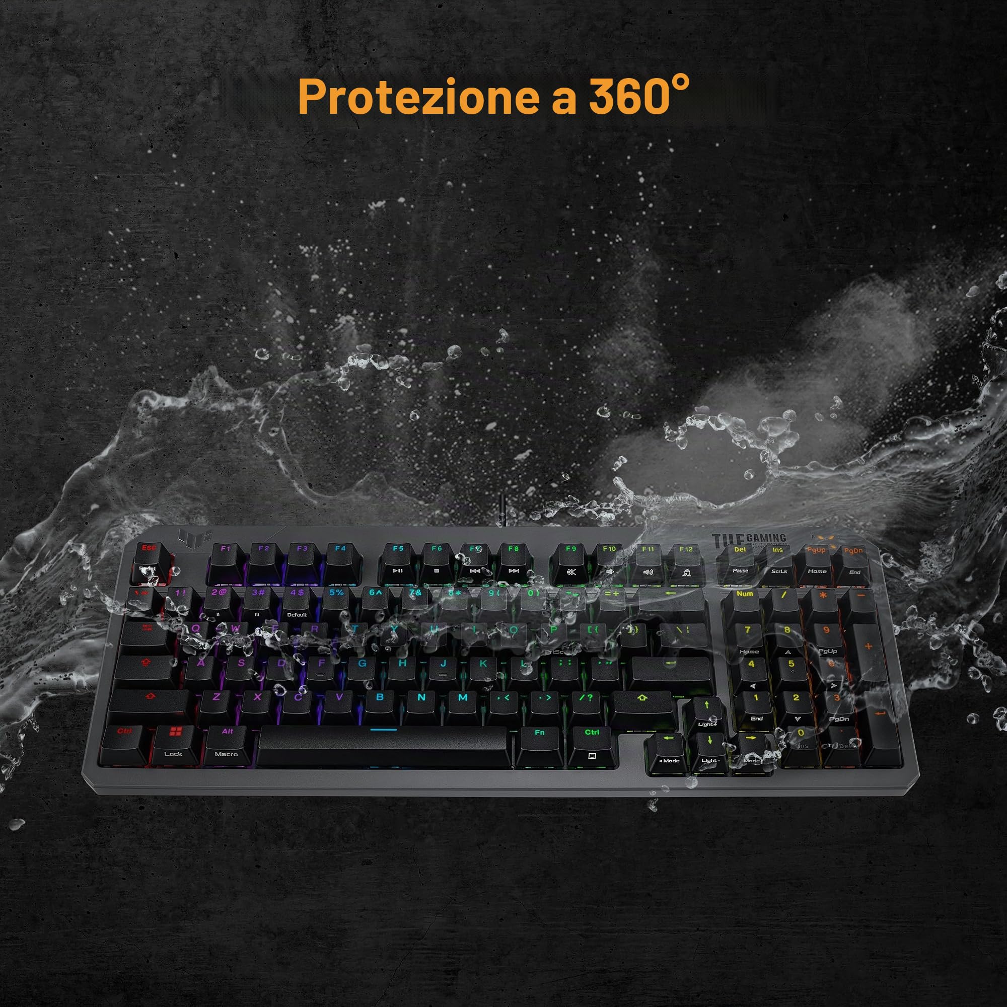 ASUS TUF Gaming K3 Gen II - Tastiera da gaming compatta a 97 tasti, switch opto-meccanici RGB, guarnizione in silicone, schiuma ammortizzante, tenuta IP57, piastra superiore rimovibile e Aura Sync,