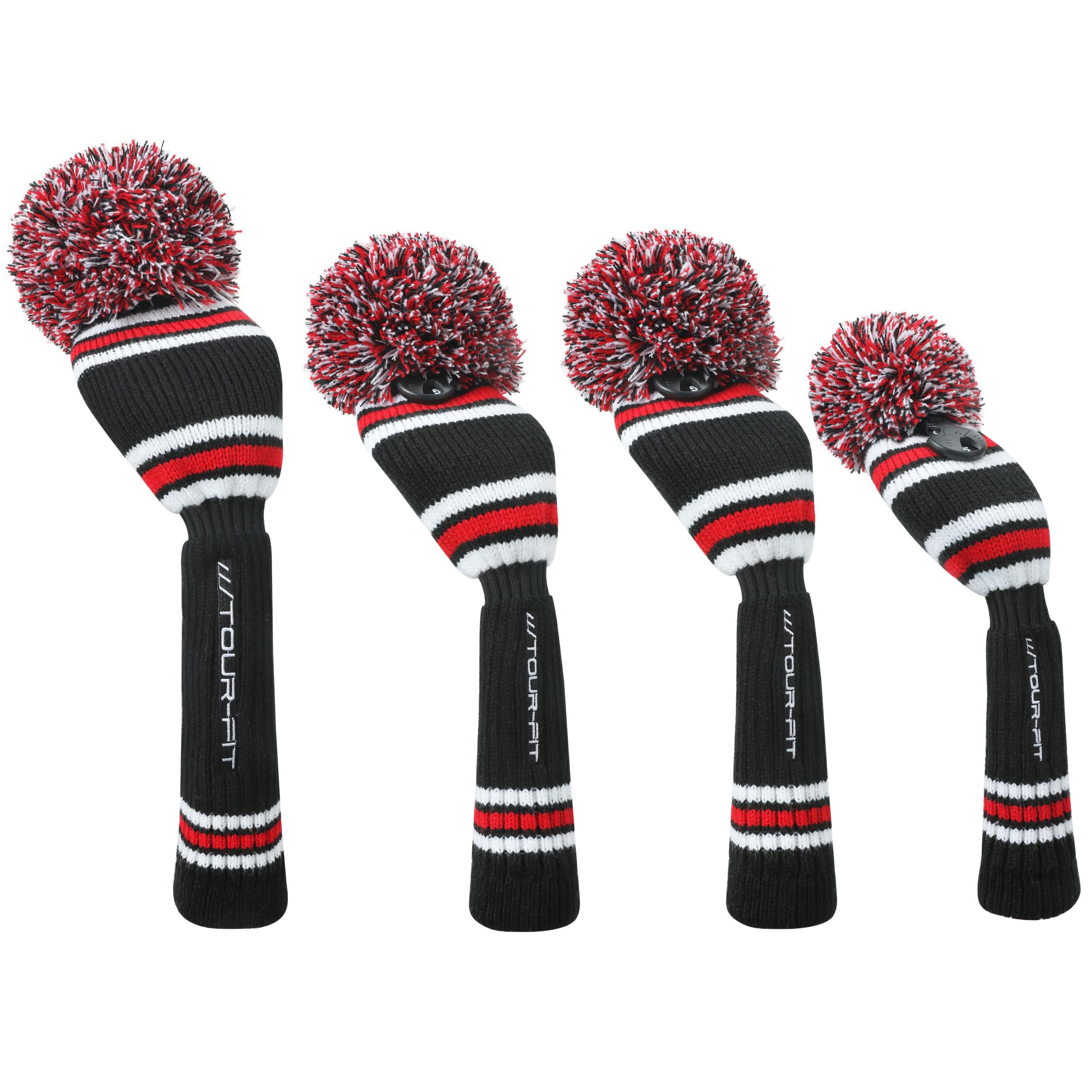 Golf Club Headcover | Tour Fit Double Layer Pom Pom Premium Knitted Golf Head Cover | Red/Black/White | Driver, Fairway, Rescue | Set of 3 or 4 (Set of 4 Covers)