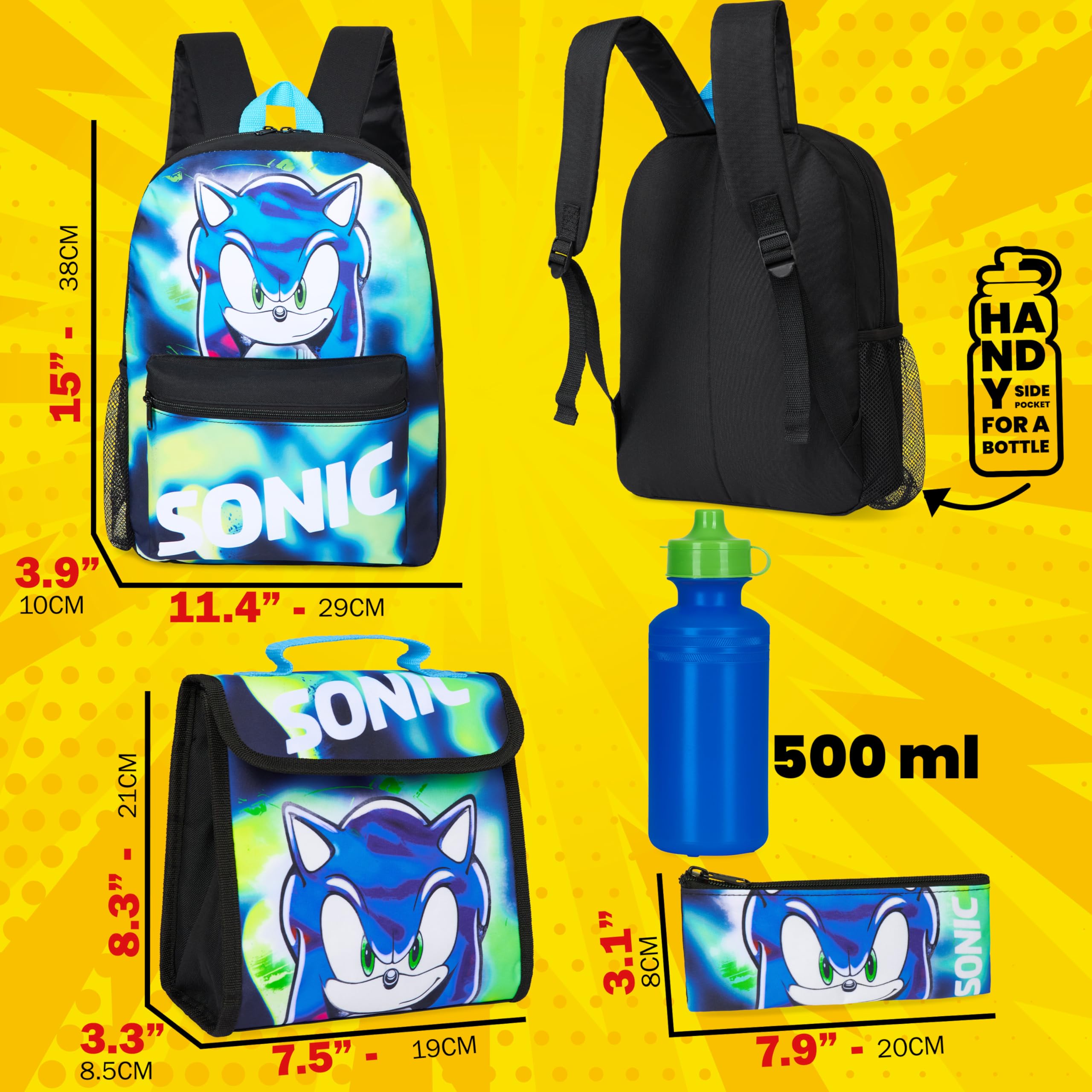 Get Trend SONIC THE HEDGEHOG Zainetto Bambino Set 4 Pz con Borraccia Bambini Astuccio Borsa Porta Pranzo Shadow Materiale Scolastico (Sonic 4 Pz Set)