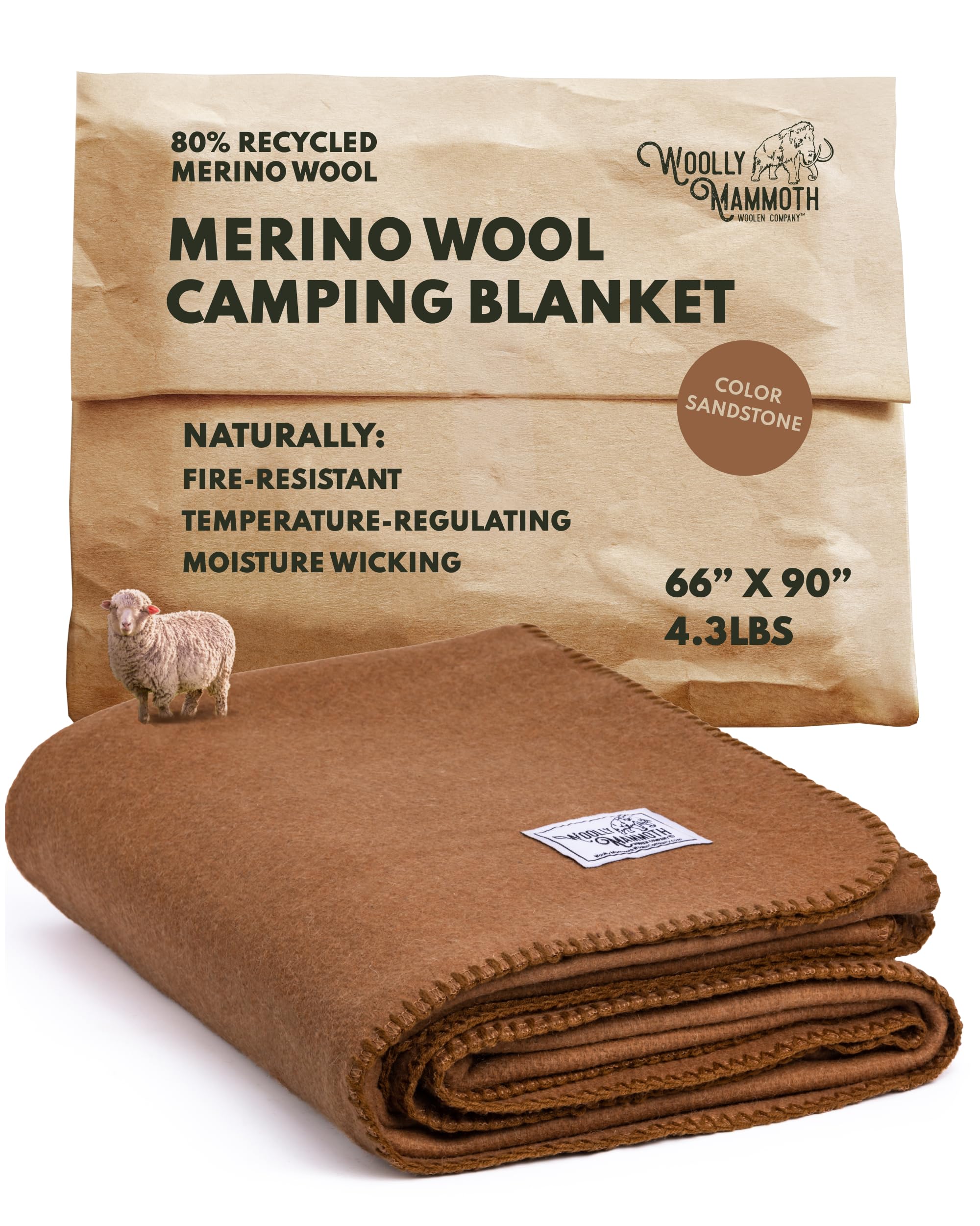 Woolly Mammoth Woolen Company Camping Blanket - 66 x 90 in, Tan - Outdoor Throw Blanket for Backpacking & Cold Weather - Heavy Wool Throw for Survival & Hiking
