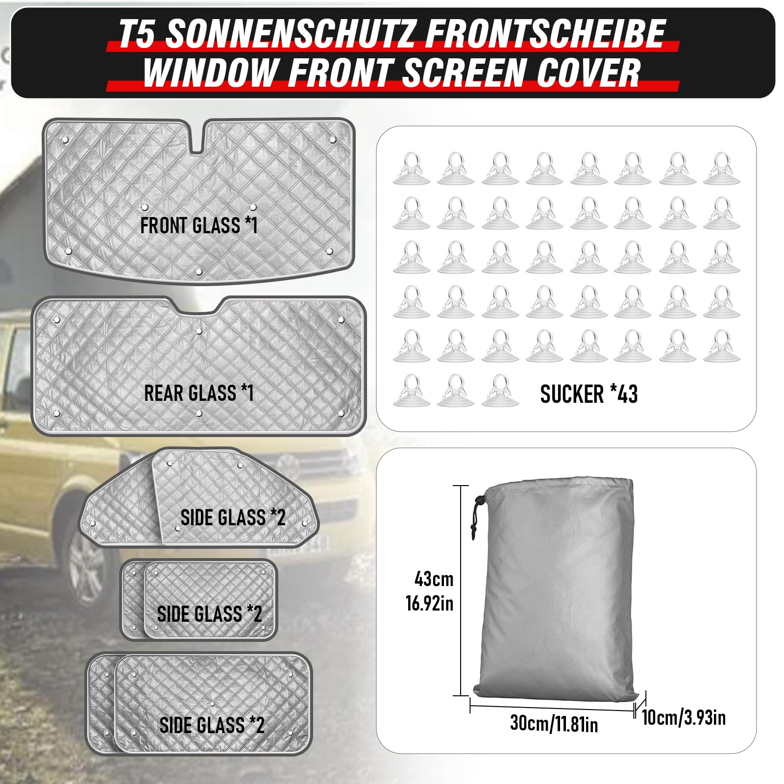 MaxAwe Ensemble de 8 pièces de stores thermiques internes pour VW T5/T6 LWB, kit de protection solaire de luxe, housse de protection pour pare-brise avant - Protection UV estivale et isolation