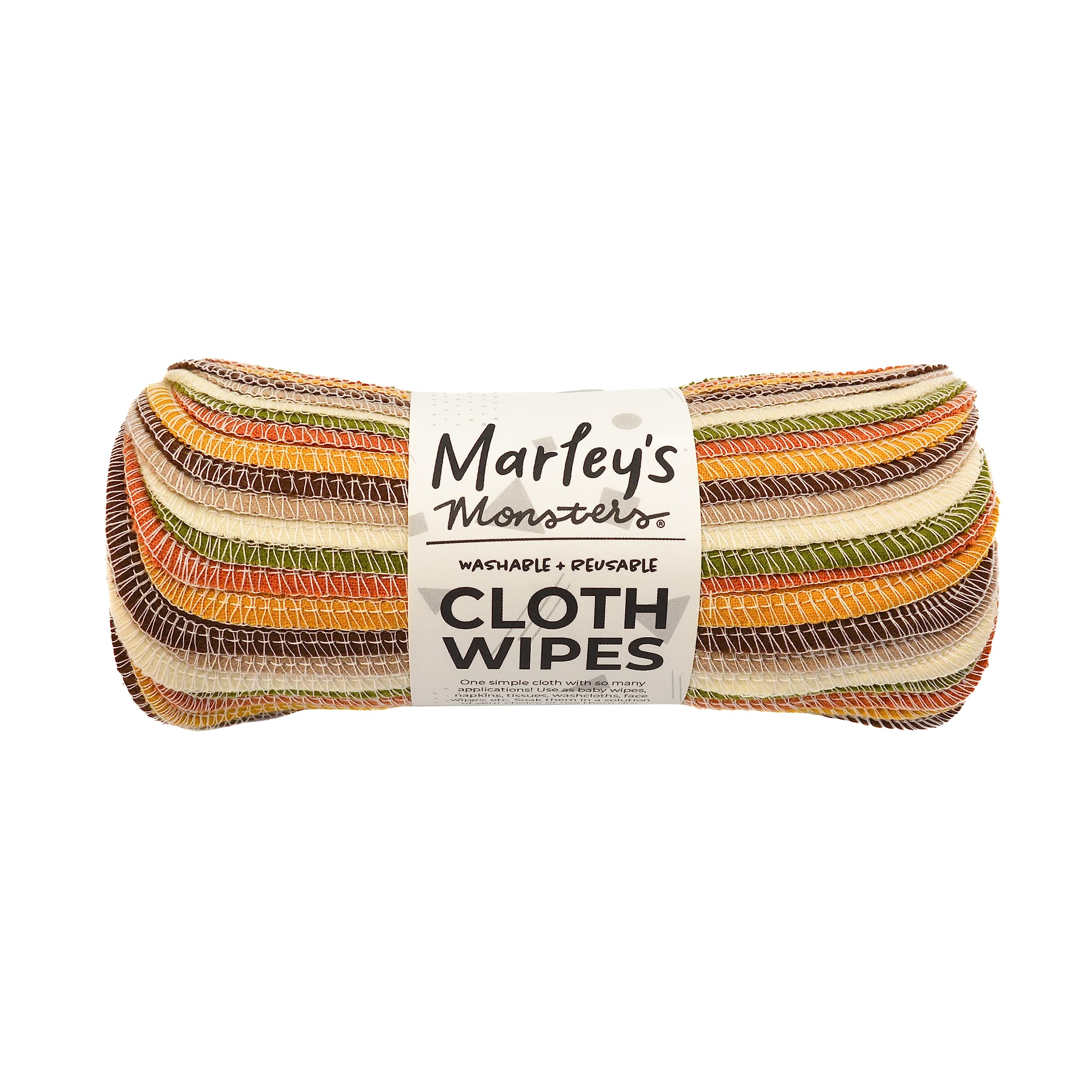 Marley's Monsters Reusable Cloth Wipes - 24 Count Pack - Washable, Cotton, Paperless Wipes (Terra Firma)