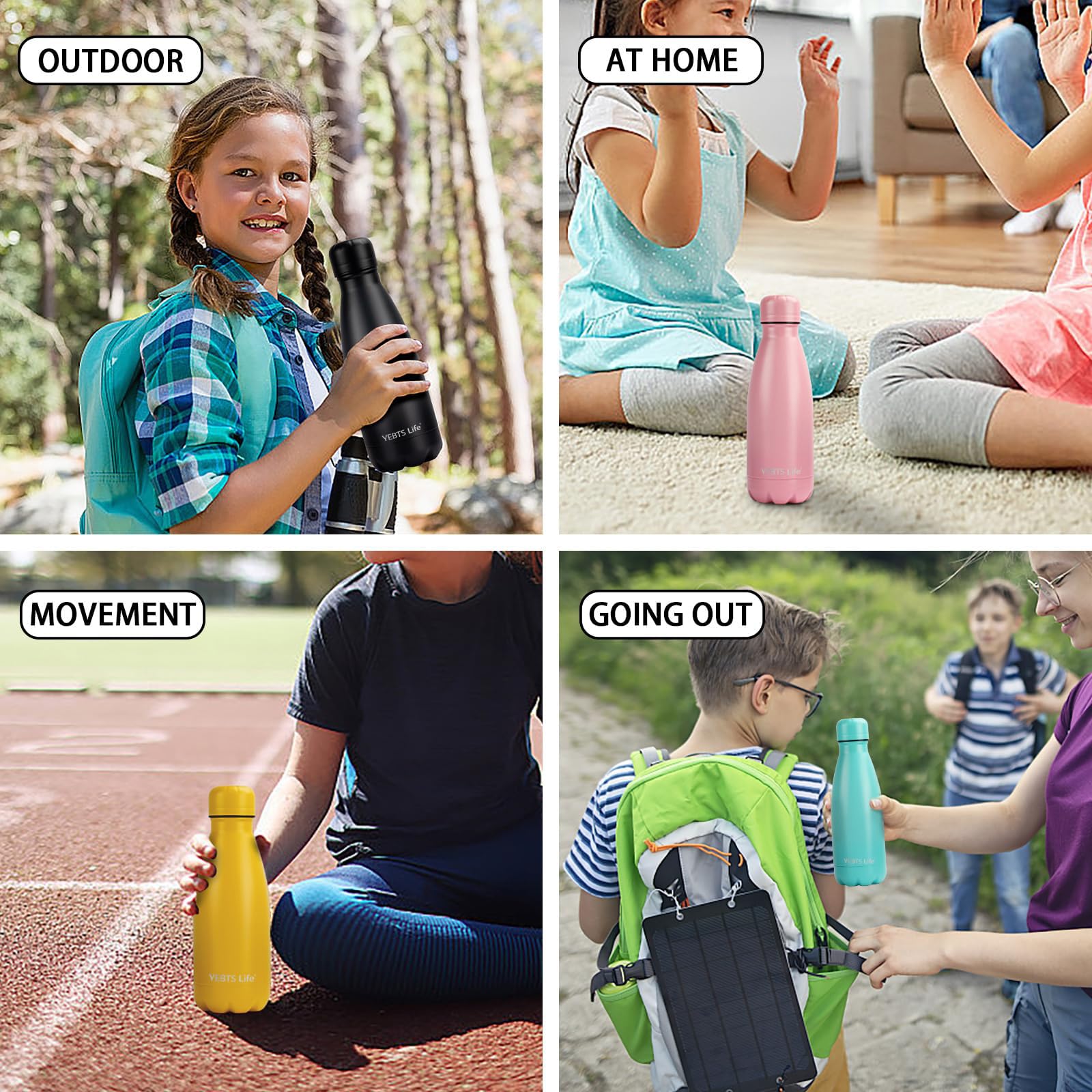 Botella de agua aislada, paquete de 2 botellas de agua de acero inoxidable de 9 onzas con tapa de popote, termo deportivo de metal para niños, niñas, termo de doble pared al vacío sin BPA para la