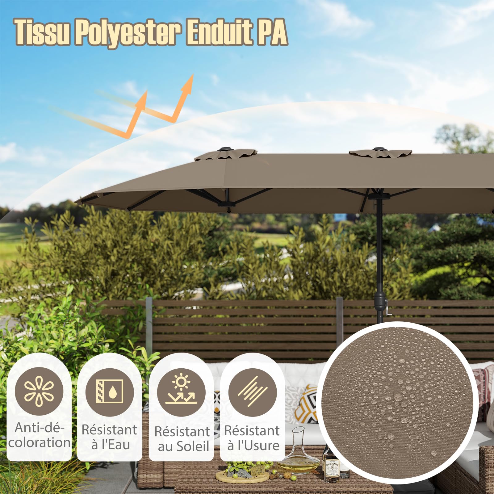 RELAX4LIFE Grand Parasol de Jardin Extérieur avec Pied | Parasol Double Terrasse à 12 Baleines | Manivelle | Polyester Résistant | Verrou de Sécurité | Protection UV pour Piscine Patio Marché (Marron)