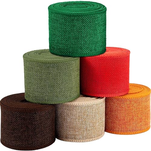 Fall Burlap Ribbon, Orange/Chocolate/Army Green/Light Yellow/Red/Green Burlap Wired Ribbon, 2.4Inch