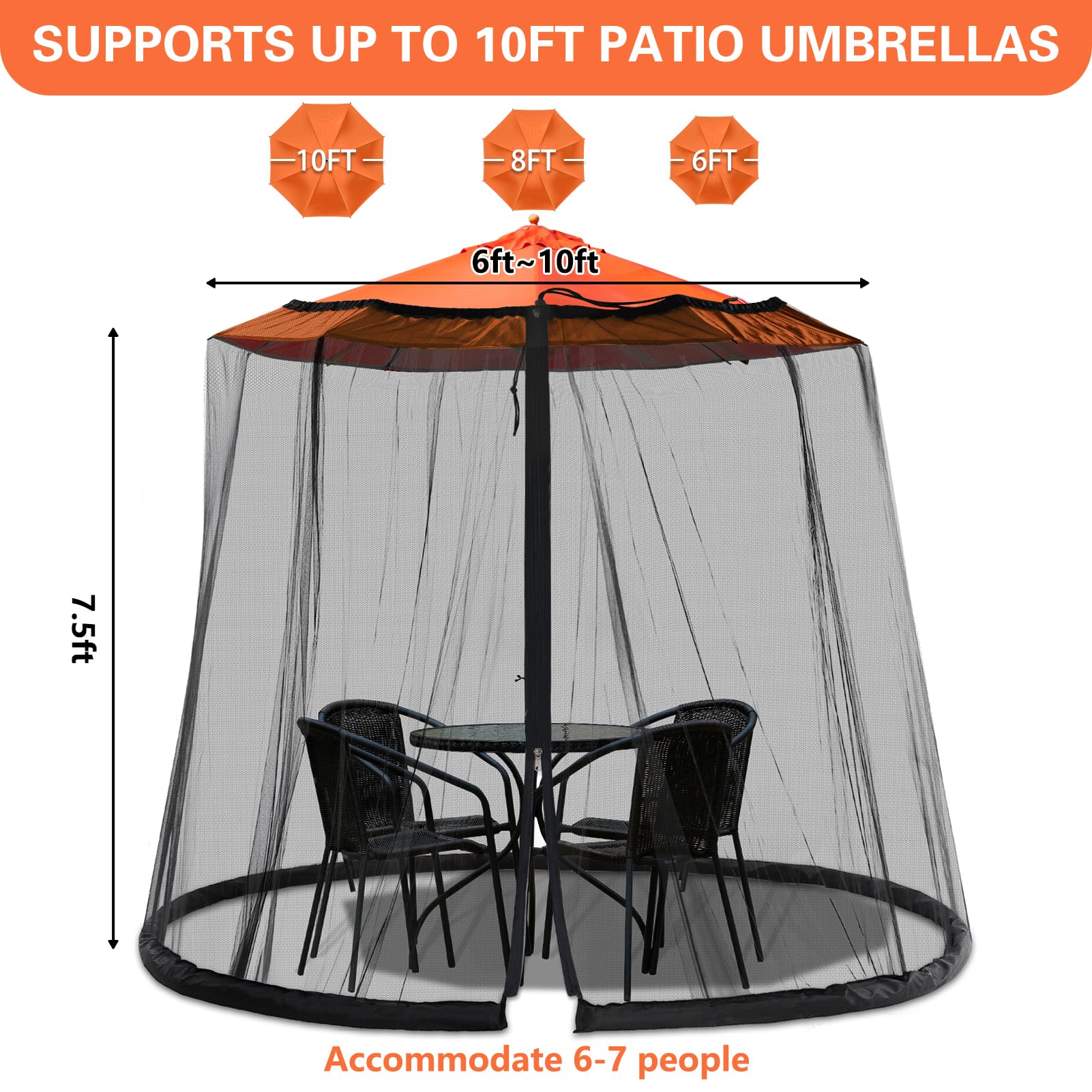 Mosquitera de 7.5 a 10 pies para patio, jardín y sombrillas al aire libre con cremallera y ajustable, red de paraguas para sombrillas al aire libre 5
