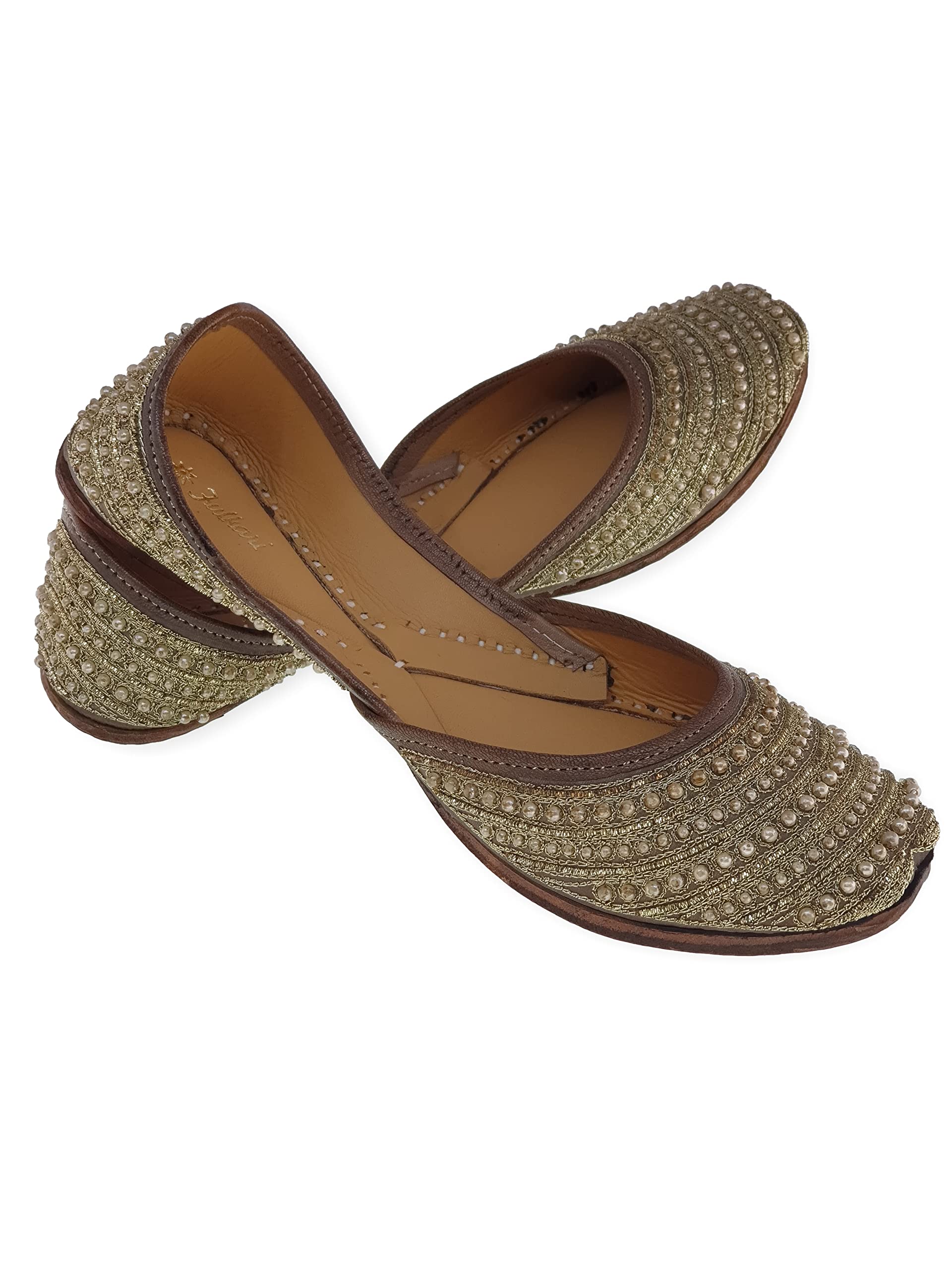 Women's Pearl Gold Toned Genuine Soft Leather Jutis | Bite and Pinch Free Juttis | Punjabi Formal Jutti | Girl's Wedding Flat Ladies Mojari | Bridal Ethnic Juti |-image-6