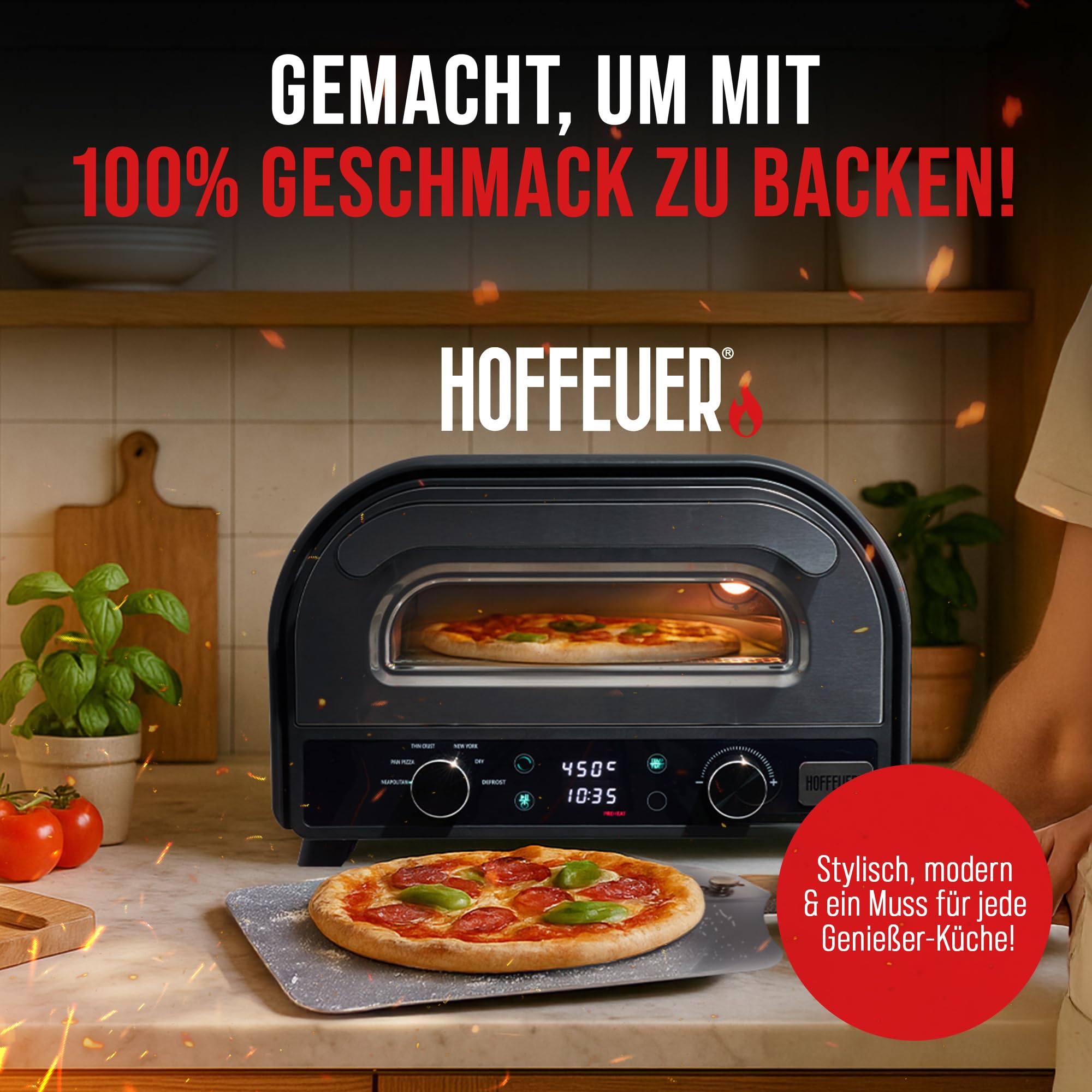 Horno eléctrico para pizza – Horno eléctrico profesional para pizza para el hogar con piedra para pizza, función giratoria y accesorios | Pizza como del horno de piedra, horno para tartas