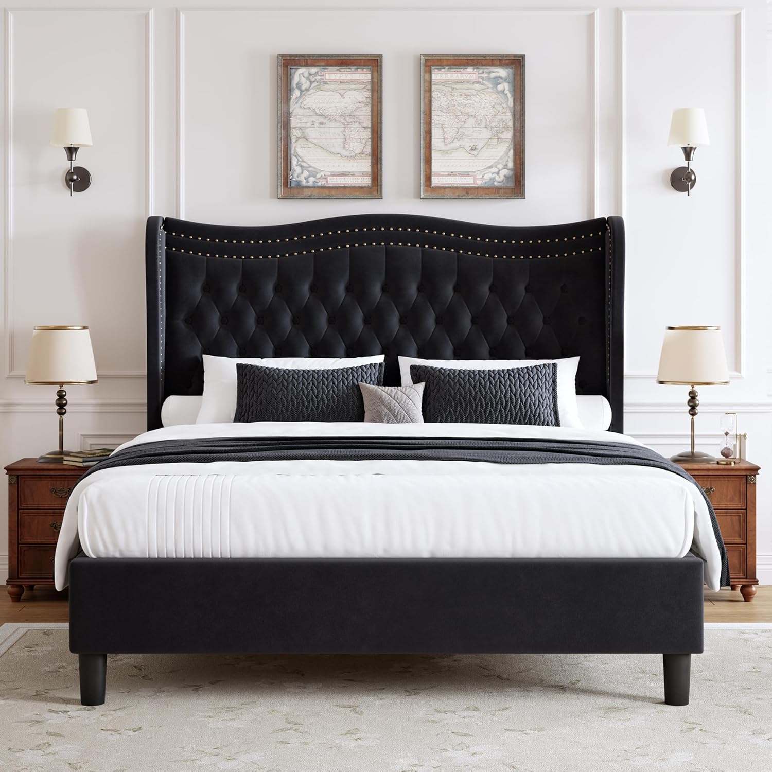Upholstered Full Size Bed Frame with Tall Headboard, Velvet Wingback Platform Bed Frame with Deep Button Tufted, No Box Spring Needed, Noise Free, Black