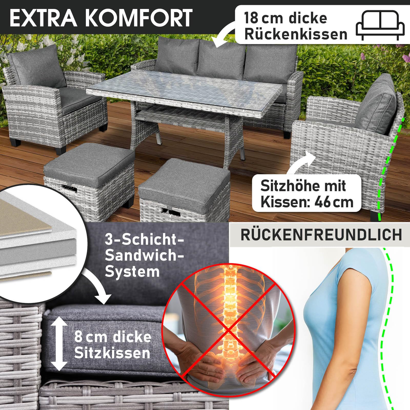 BRAST Gartenmöbel Set Delight | bis zu 7 Personen viele Farben | incl. extra Dicke Kissen | TÜV geprüft | Outdoor Loungemöbel Sitzgruppe Essgruppe Garnitur | Grau/Anthrazit