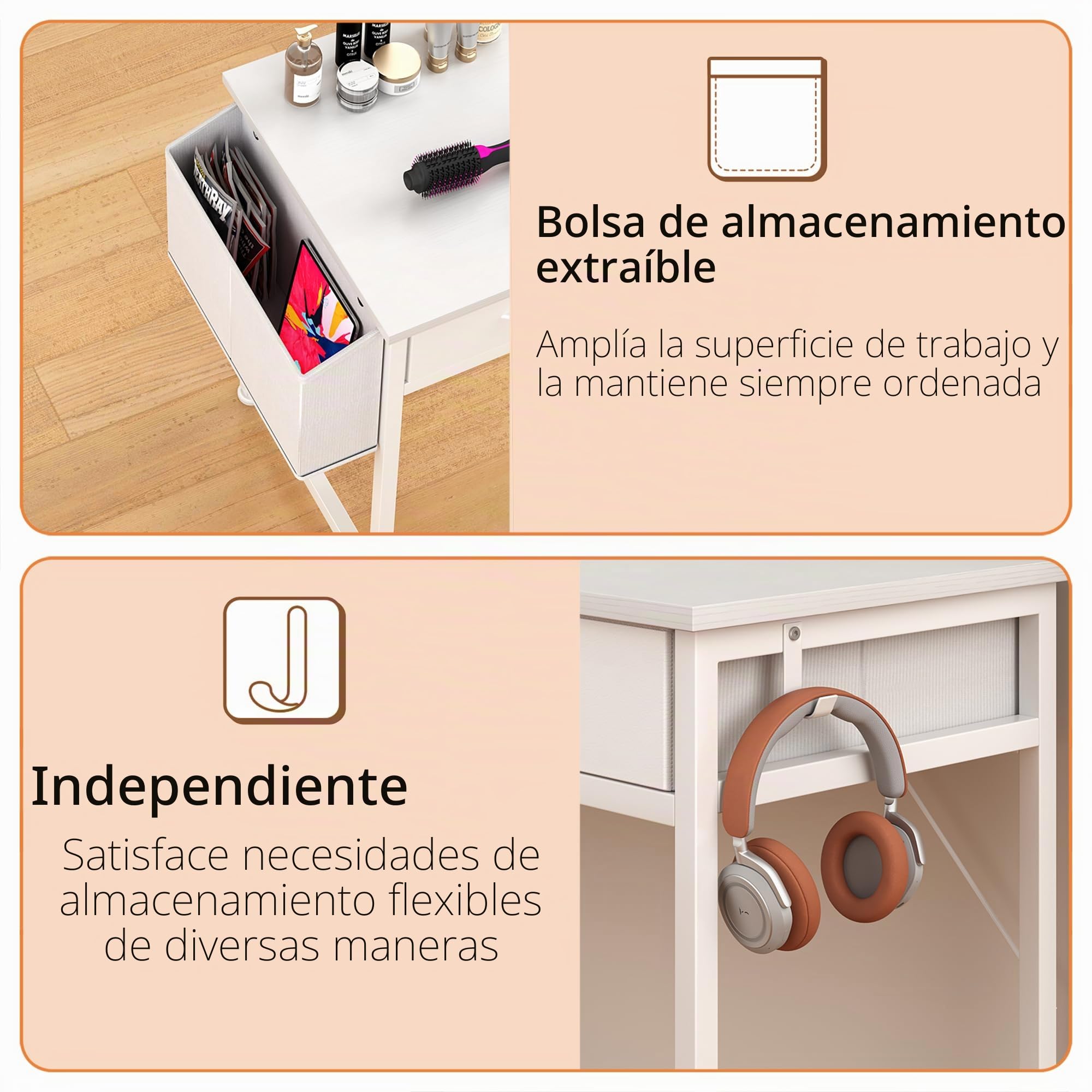 CAIYUN Escritorio pequeño con cajones de tela, 81,3 cm, tocador para dormitorio, oficina en casa, escritorio de ordenador para espacios pequeños, mesa de trabajo moderna y portátil con bolsa de