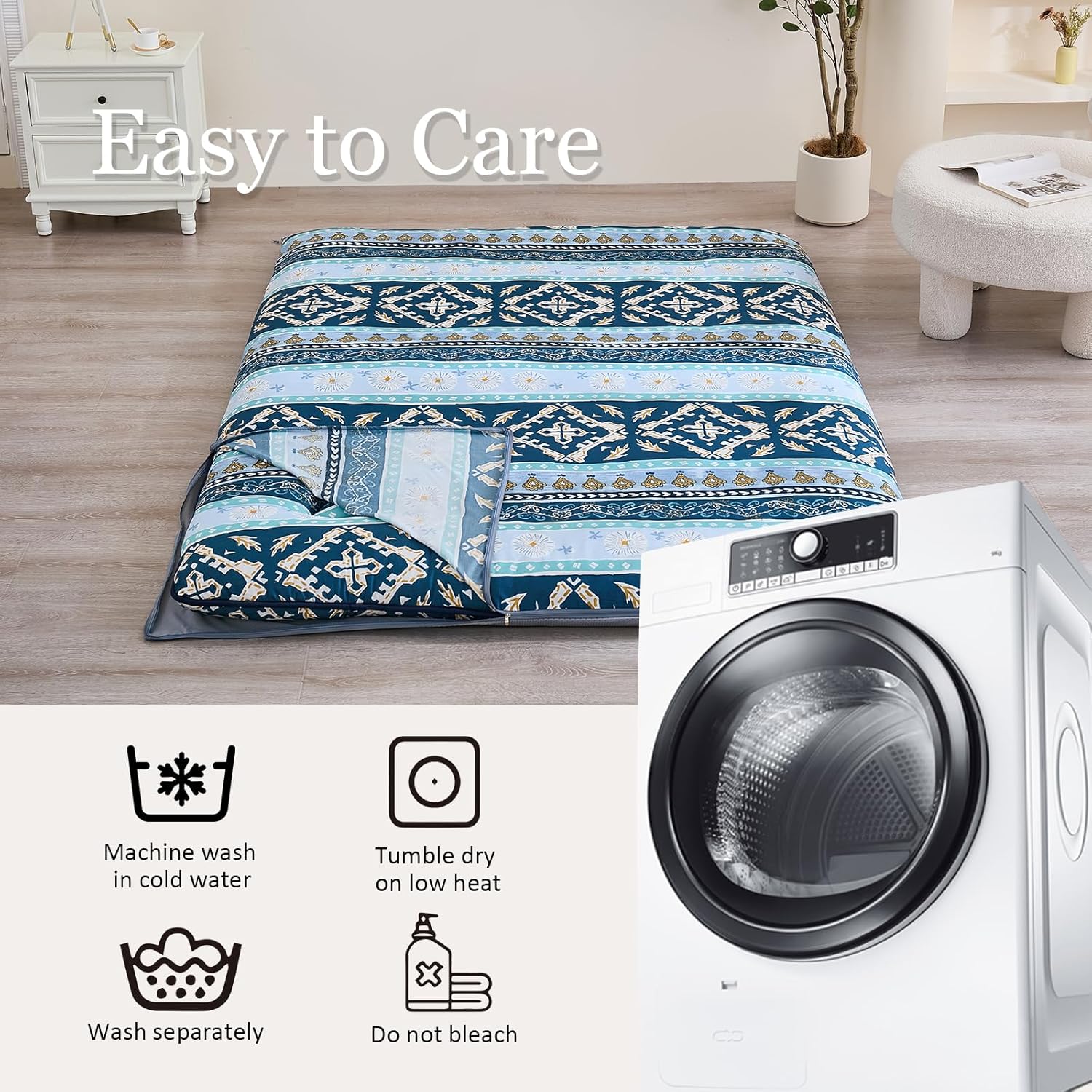 Zelladorra Anti-Slip Futon Mattress Cover Twin Size, Japanese Floor Mattress Cover with Zipper, Machine Washable (Blue Striped Jacquard)