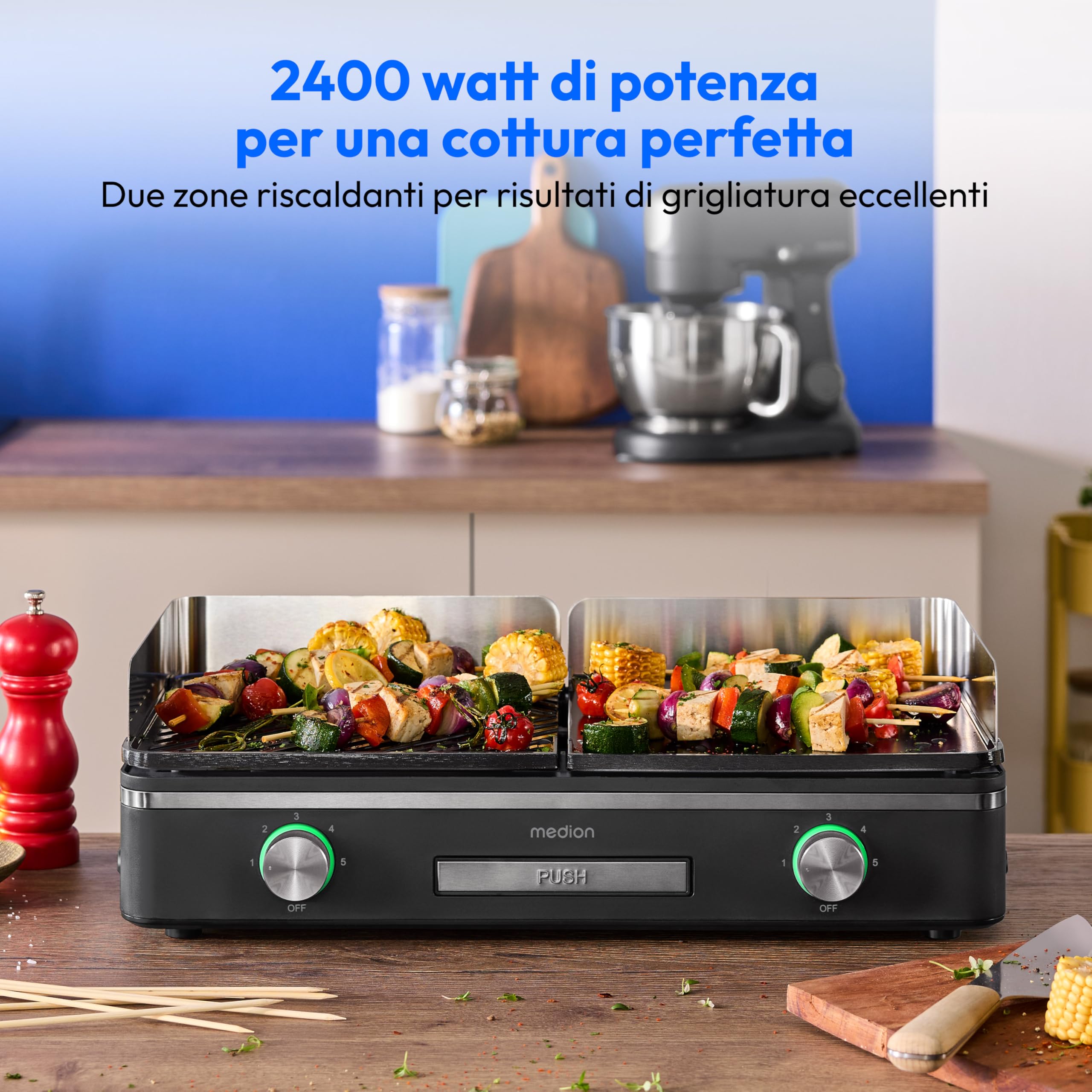 MEDION Griglia da tavolo con sistema a doppia zona (2400 W, 2 piastre rimovibili, regolazione individuale della temperatura, indicatore LED, protezione IPX4), MD12027