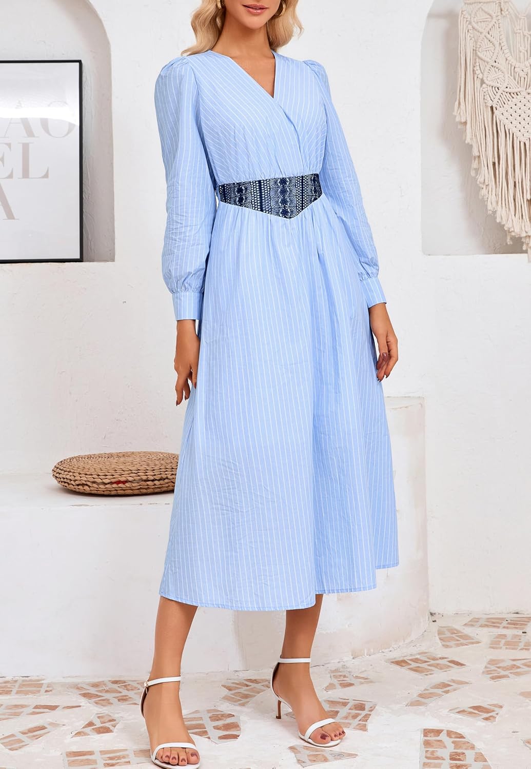 Long Sleeve Maxi Dress for Women Elegant Striped V Neck Shirt Dress Flowy A Line Cotton Fall Dresses with Pocket - Image 3