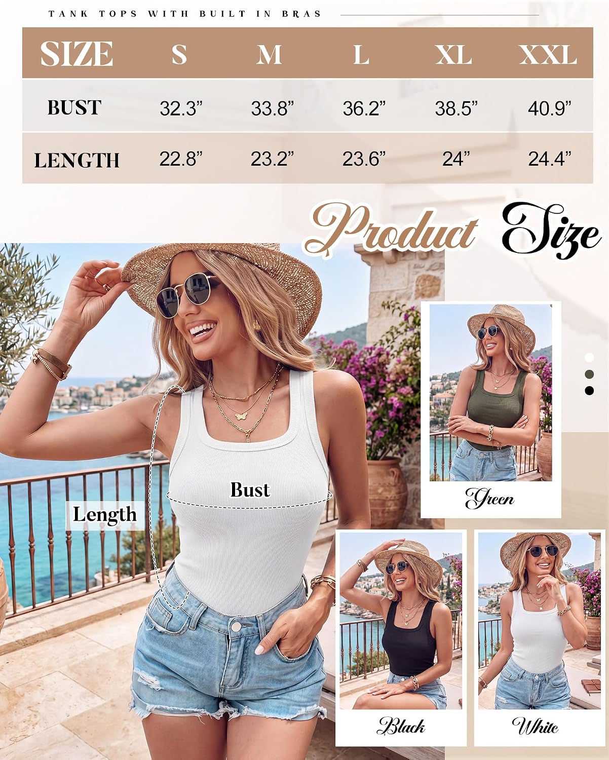 Shyyween 3 Pack Built in Bra Tank Tops for Women Sleeveless Ribbed Racerback Square Neck Fitness Workout Casual Shirts Summer