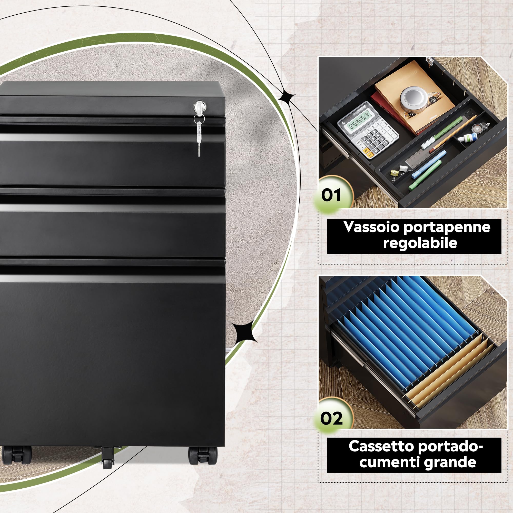 DEVAISE Carrello Portadocumenti con 3 Cassetti Bloccabili, Mobile Ufficio Multifunzione, Scaffale Stampante e Cassettiera con Ruote,Nero