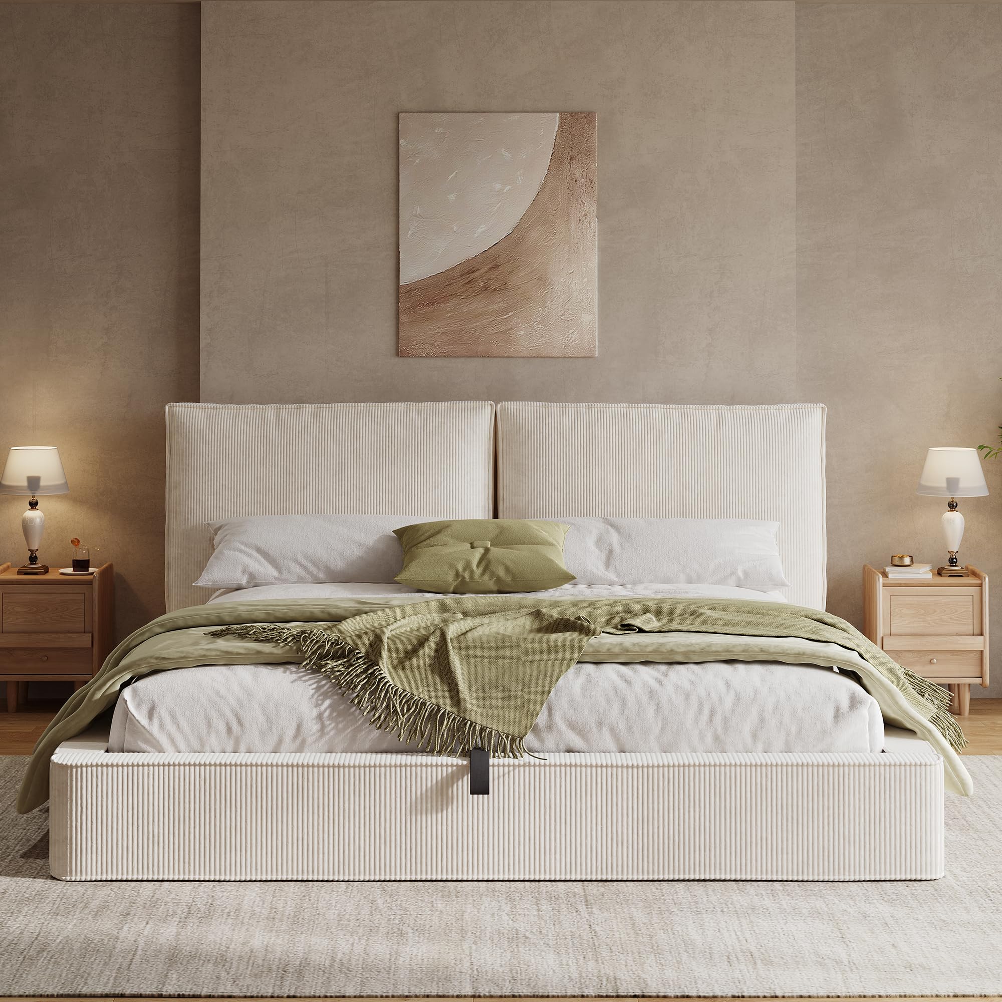 Merax Polsterbett Doppelbett 180x200 cm mit hydraulischem Stauraum & Lattenrost, Samt, 13 cm Dickes gepolstertes Kopfteil (105 cm hoch), eingebaute Struktur, Cord, Beige (Ohne Matratze)