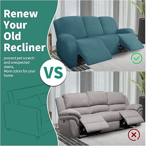 Vista 12 de YEMYHOM Funda elástica de 4 piezas para silla reclinable de jacquard con bolsillo lateral, antideslizante, ajustable, protector de muebles con parte