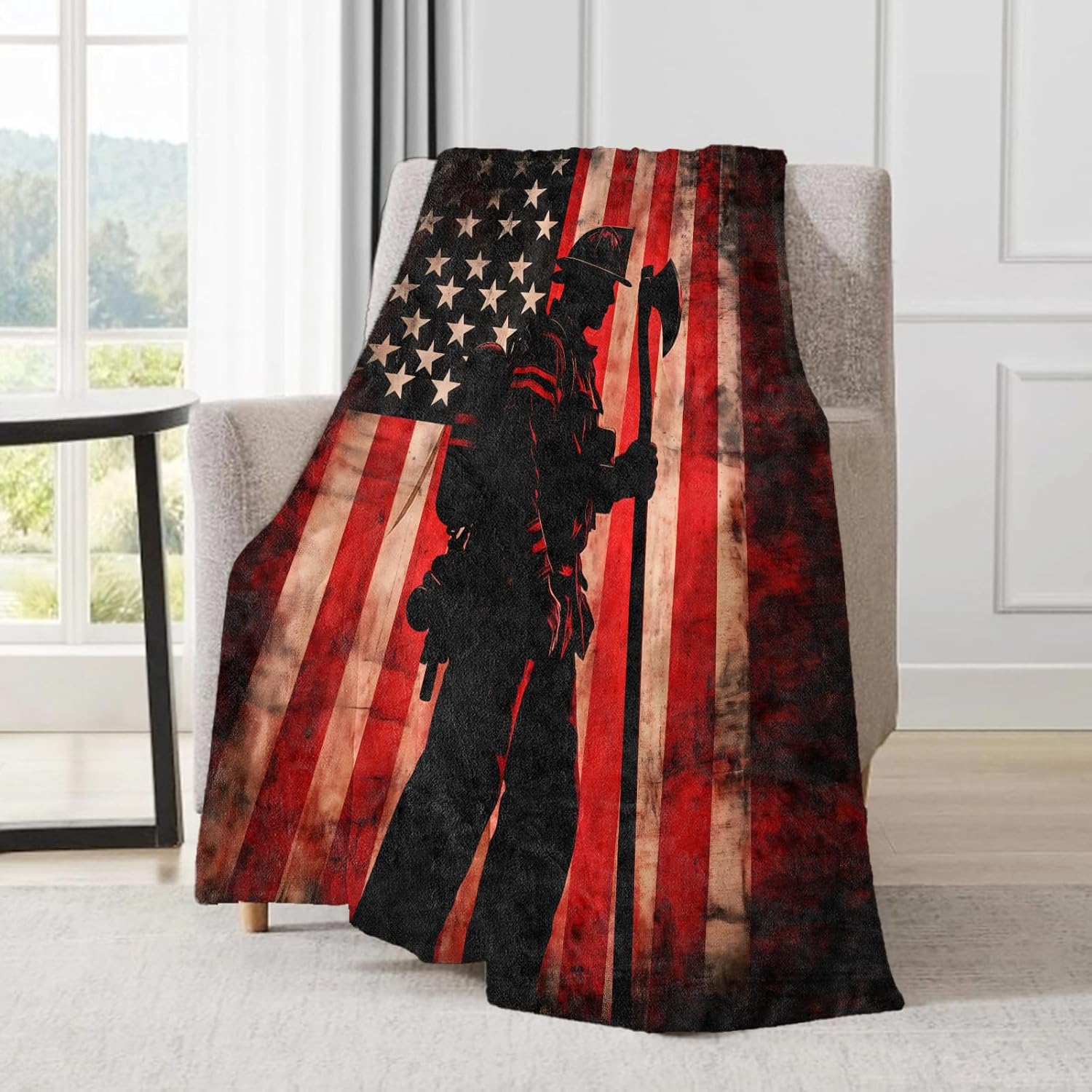 Patriotic Firefighter Blanket - American Flag and Heroic Silhouette Fleece Throw,Gifts for Adult, Soft & Warm,Lightweight, for Modern Decor, Honoring First Responders,Room Home Accents 50x60in - Image 3