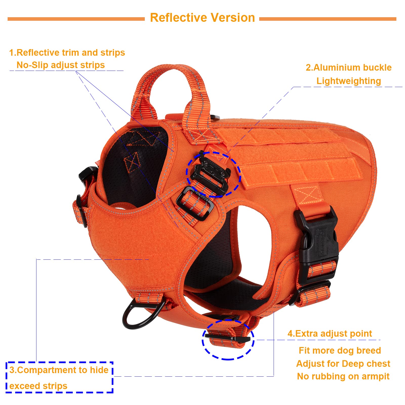 ICEFANG Tactical Dog Harness, Medium Size,2X Metal Buckle,Working Dog MOLLE Vest with Handle,No Pulling Front Leash Clip,Hook and Loop Panel (Orange,M (Pack of 1)) - image 3