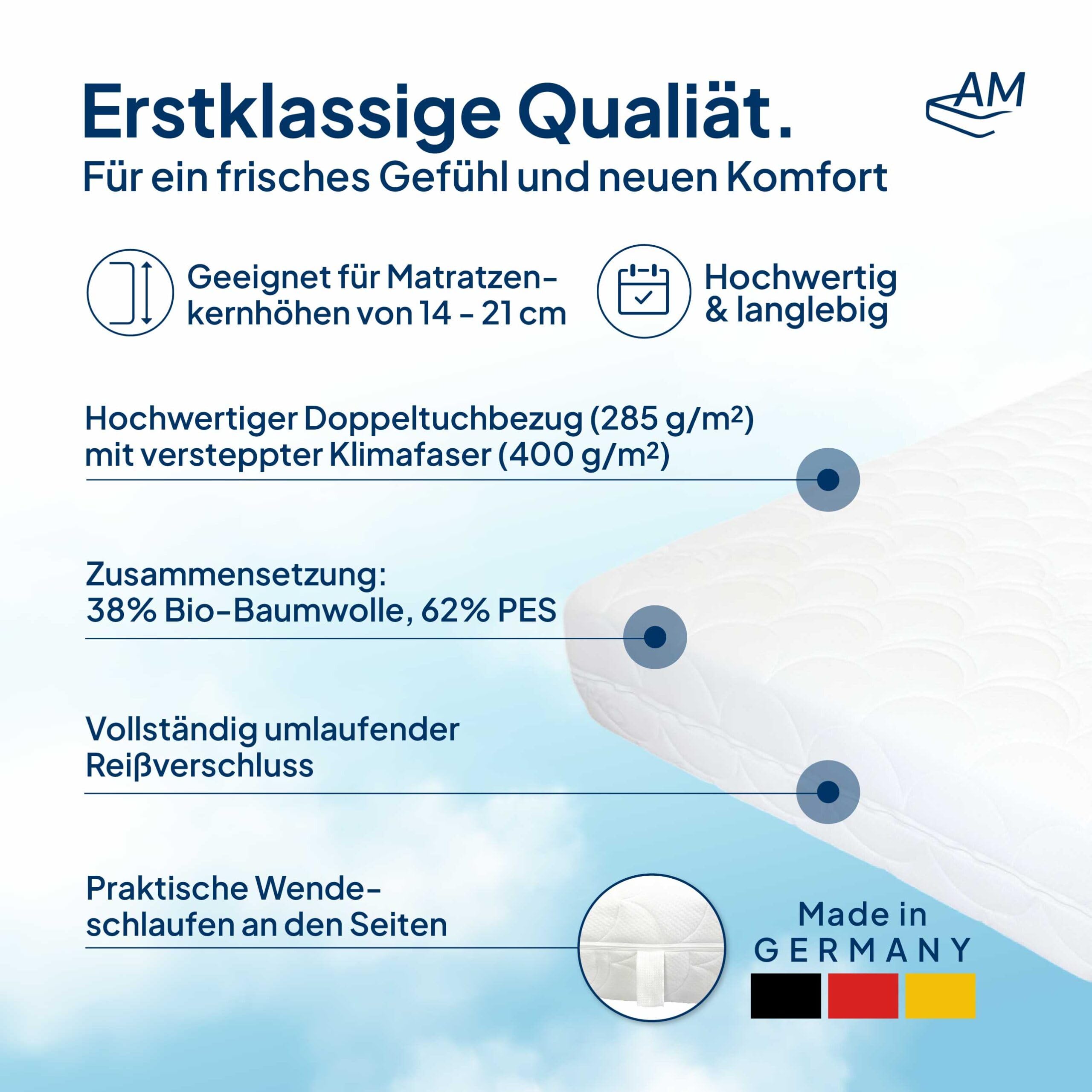 Hochwertiger Organic-Cotton Matratzenbezug 120x200cm mit Reißverschluss - 20 cm Kernhöhe - Allergiker geeignet - 60 Grad waschbar - 4-seitiger Reißverschluss - 120x200