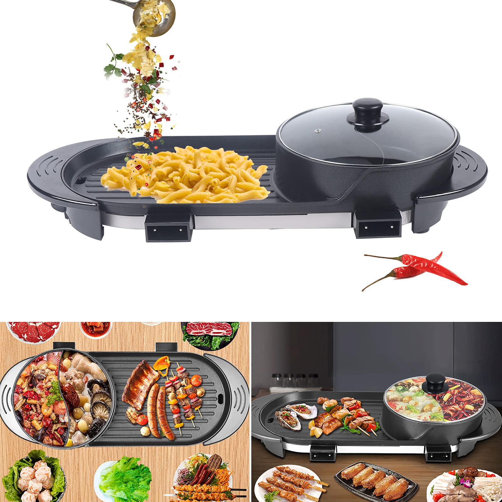 2 in 1 Electric Hot Pot Grill 110V Portable Multifunctional Barbecue Hot Pot Grill with Oil Collection Box & Lid for Family, Friend Gatherings, Dinner, Parties