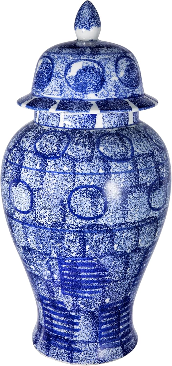 A&B Home 20" Tall Blue and White Porcelain Ginger Jar with Abstract Motif, Traditional Home Decor Accent Jar