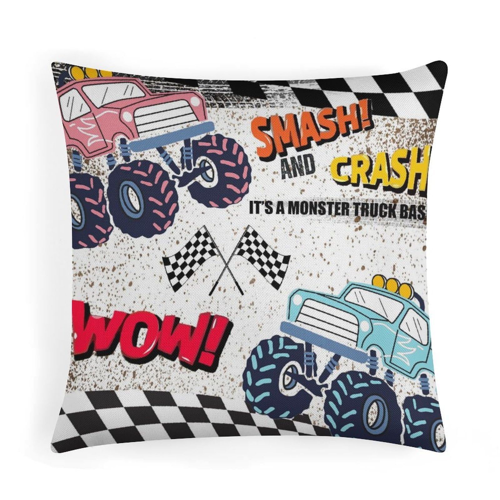 BenYaSong Truck Racing Theme Throw Pillow Covers Smash and Crash It's A Monster Truck Bash Racing Speed Checkered for Sofa Cushion Couch Sofa Pillowcases Decorative 18"x18"