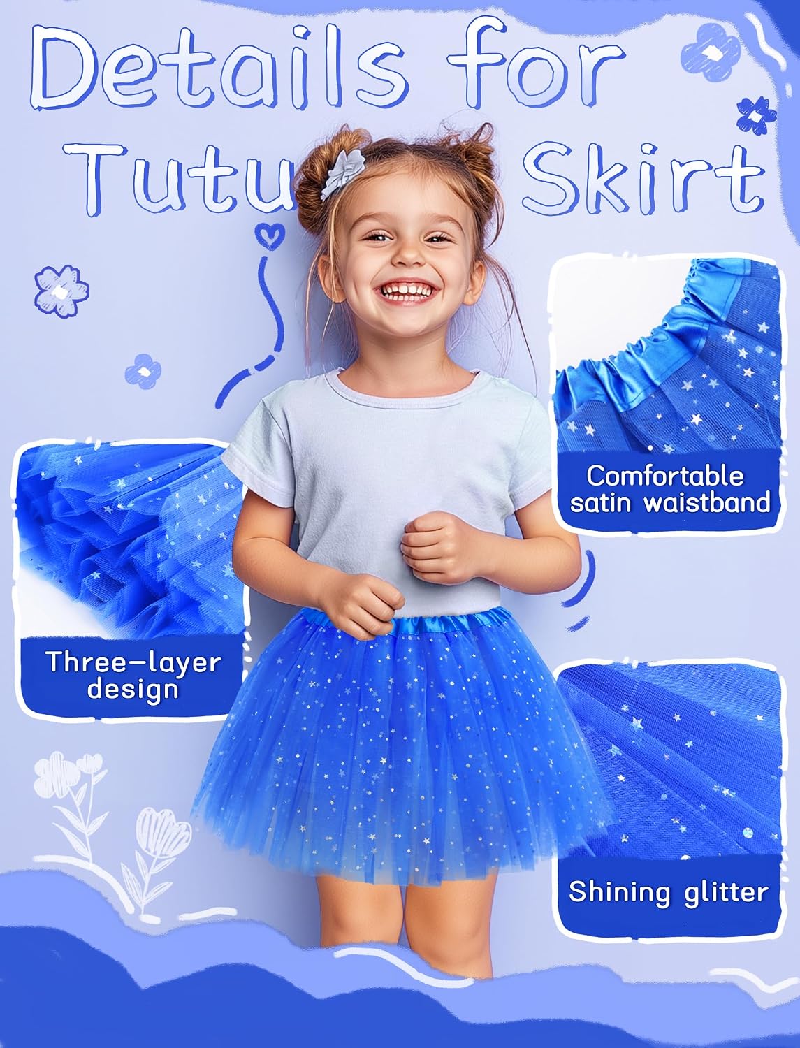 Tutu for Girls Stars Sequins Princess Ballet Dress Tulle Skirt for Girls 4-12 Years 3 Layered