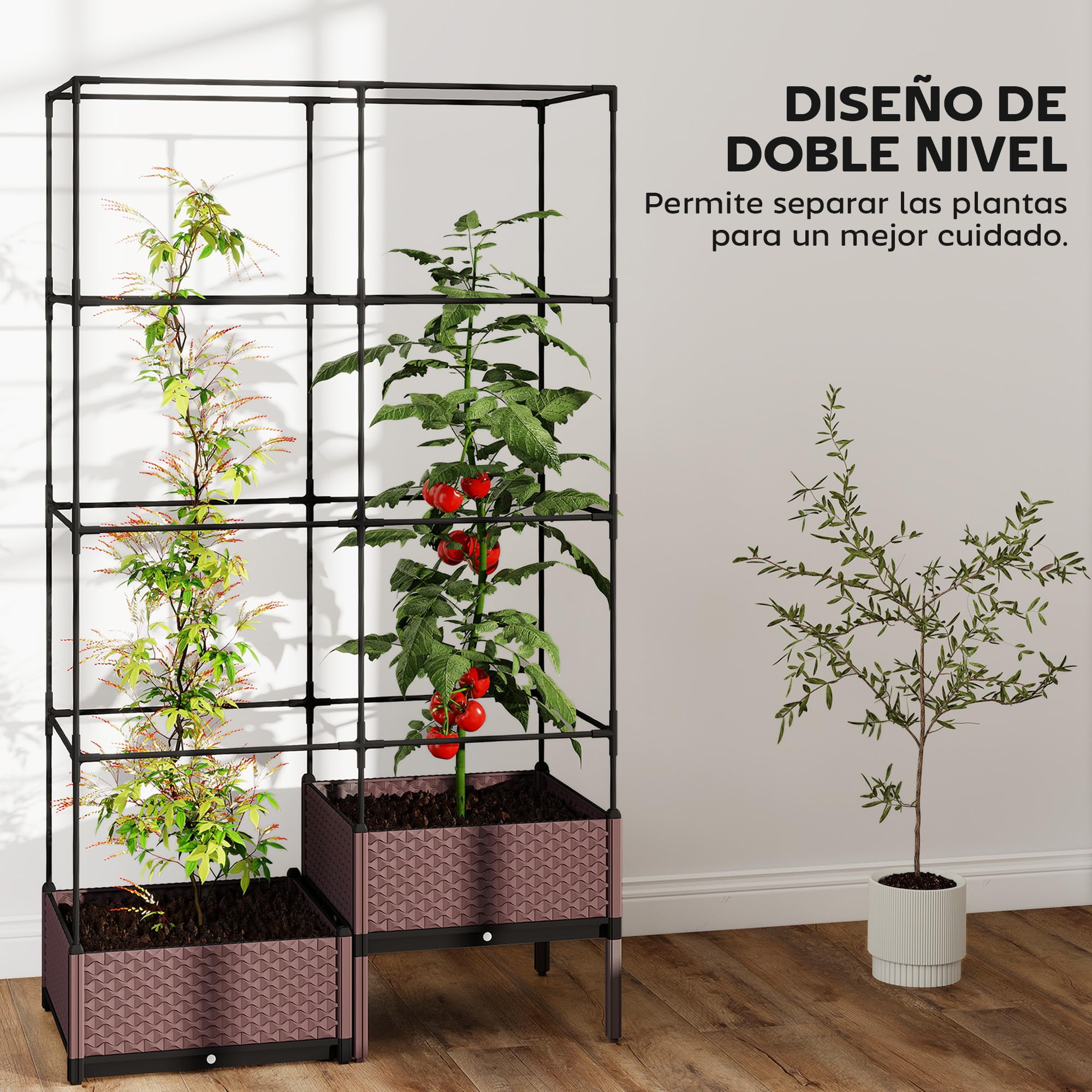 Outsunny Jardinera con Enrejado Metálico, Jardinera Exterior Grande para Plantas Trepadoras, 2 Macetas de PP con Orificios de Drenaje, Tapones, Macetero Elevado para Jardín Patio, 100x50x174 cm, Negro