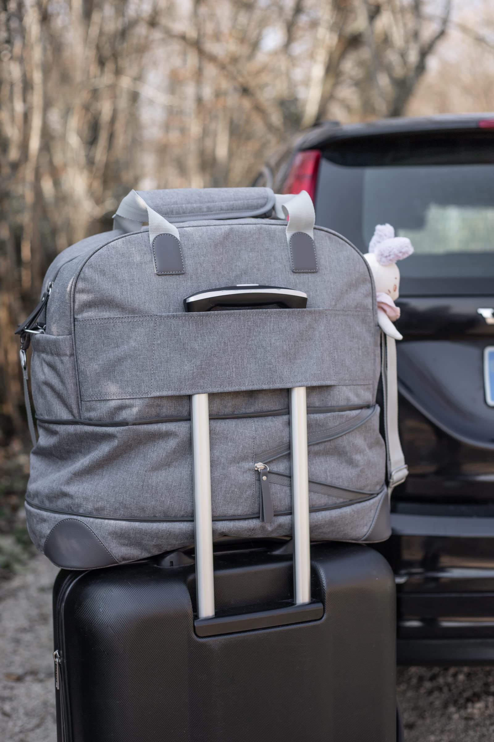 BÉABA, Sac à Langer Amsterdam II, Sac Voyage XXL 50L, Bandoulières Amovibles, Trousse de Toilettes, Matelas à Langer, Sac à Linge Sale, Multiples rangements, Gris Chiné